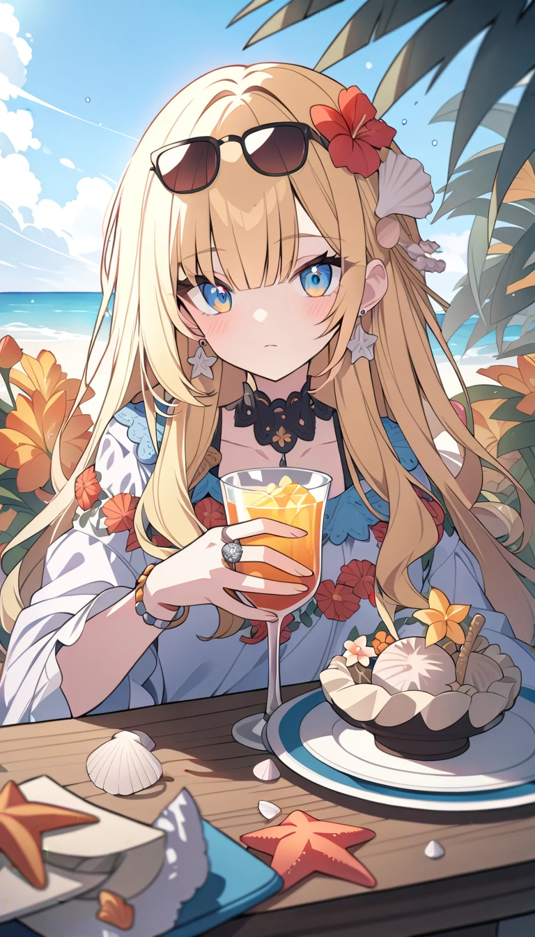 Anthro cheetah, sunglasses, straw hat, tropical juice, seaside deck, parasol, palm trees, sandy beach,
