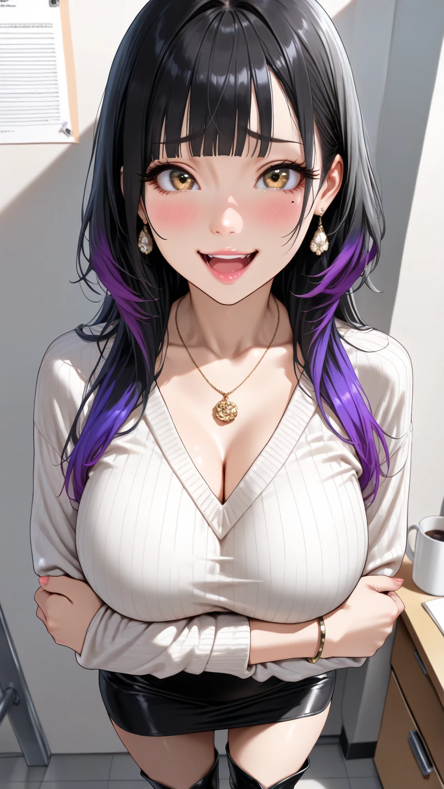 ((highest quality)),(ultra high resolution),(Super detailed),(detailed description),((best CG)),(best work of art),super precision art,great drawing art,(Art with precise details:1.5), (1 woman:1.5),(beautiful and well-shaped face:1.5),A detailed sweater:1.5,(胸をtableの上に乗せている:1.6),soft:1.6, Her room:1.6,table:1.4,