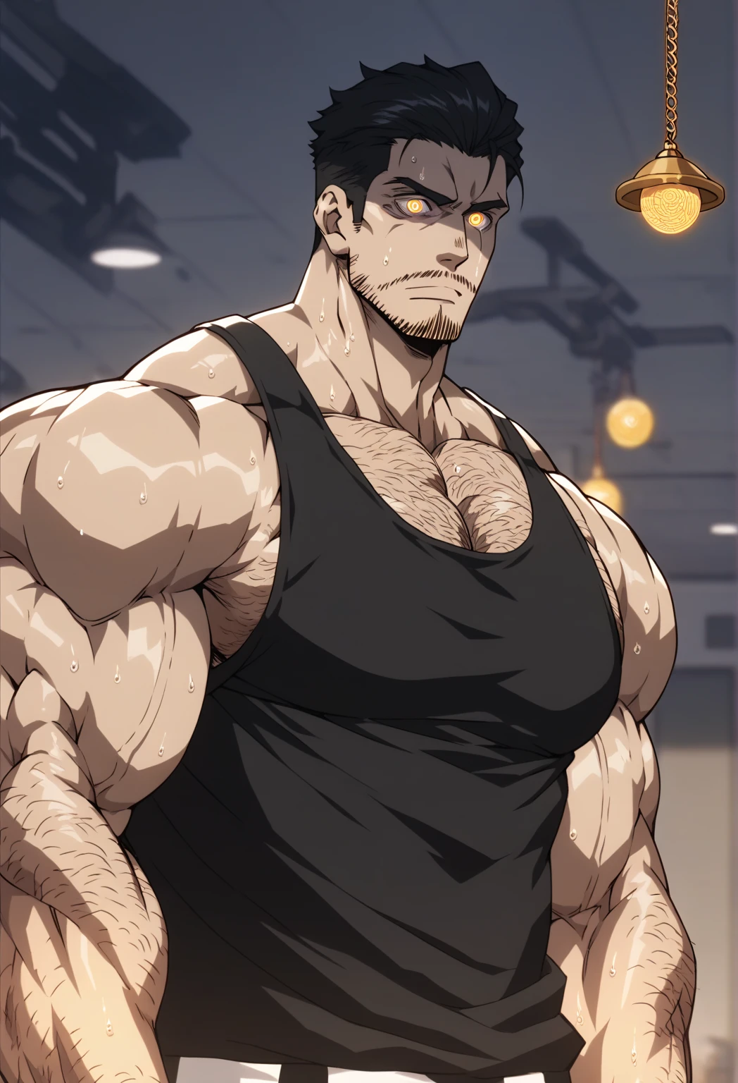 Anime, Um homem alpha poderoso, perverso, nervoso, 40 years old, rei supremo, lorde imponente, wearing very tight wet black tank top, large pectorals, muscular chest, olhando para o espectador, pose sexy, angry facial expression, olhos de cor vermelha, black hair and beard, Obra-prima maravilhosa altamente detalhada, beautiful cinematic light deep focus, elegante, pintura digital, liso, sharp focus, golden ratio, dramatic lighting, 8k, pixiv, bara