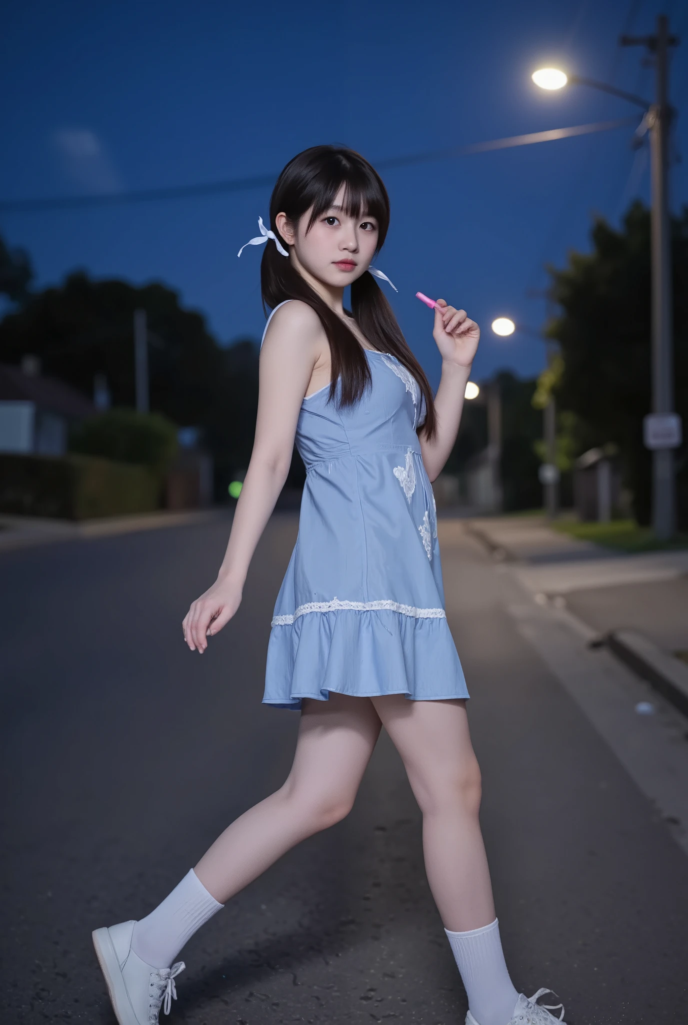 A full-body illustration of a young age girl with long, dark brown hair styled in low twin-tails, tied with cute ribbons. Her large, expressive eyes shine with excitement and a hint of rebellion, her cheeks slightly flushed with youthful passion. She wears a stylish mini dress with subtle lace or ribbon details, flowing gently in the night breeze, paired with knee-high socks and casual yet fashionable shoes. The dress enhances both her innocence and her growing maturity. She stands confidently under the soft glow of the moonlight on a quiet suburban street, dimly lit by streetlights. Her pose is dynamic, as if caught mid-motion—perhaps sneaking out or running towards someone special. One hand lightly holds a small lip gloss, symbolizing her personal transformation. The atmosphere is dreamy yet energetic, reflecting the thrill of first love and the boldness of youthyouth, huge 2:0