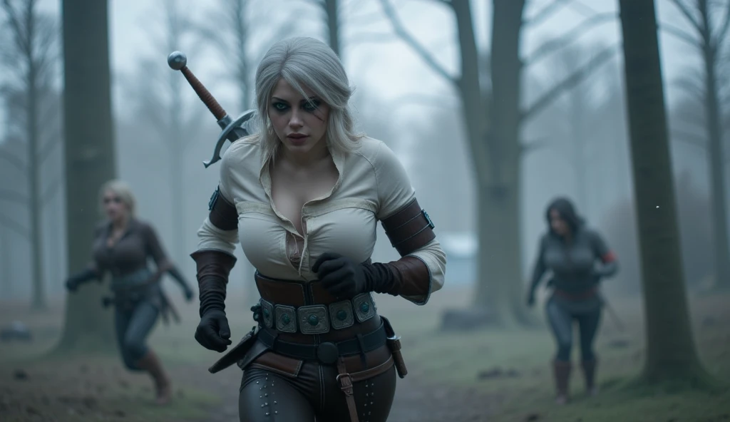 Photographie ultra réaliste d'une cosplayeuse incarnant Ciri de "The Witcher". She has silvery white hair, styled in a sleek braid, et des yeux verts perçants. Elle porte une tenue de chasseuse composée d'une chemise en lin blanche, d'un corset en cuir marron, leather pants and sturdy high boots. Elle tient une épée en argent avec assurance, ready to face monsters. The background is a dense and mysterious forest, avec une lumière tamisée créant une atmosphère fantastique. La photo est en haute résolution, photorealistic, avec une profondeur de champ parfaite, cinematic light and exquisite detail. 8K, masterpiece, HD, photorealism, contraste parfait, High sharpness.