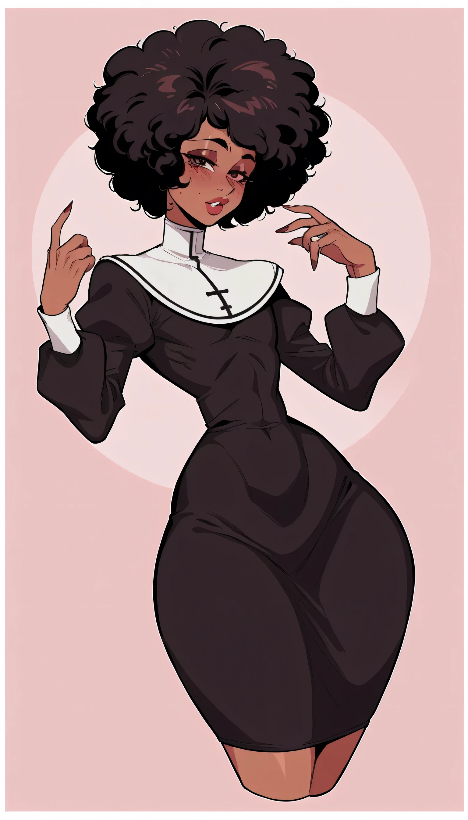 better quality, very detailed illustration short ruffled voluminous bouncy hair , afro hair, playful look, delgado, ideal body, thin waist , wide hips, simple drawing, Artifyber style , pastel flat colors , nun outfit, sexy, close up, femboy, model pose