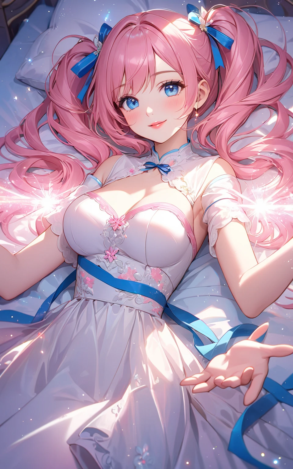 Masterpiece, best quality, super detailed, illustration, (1 girl), beautiful meticulous eyes, looking at the viewer, close-up, (breast focus), (arm behind: 1.2), pink hair, shyness, rabbit hairpin, nudity