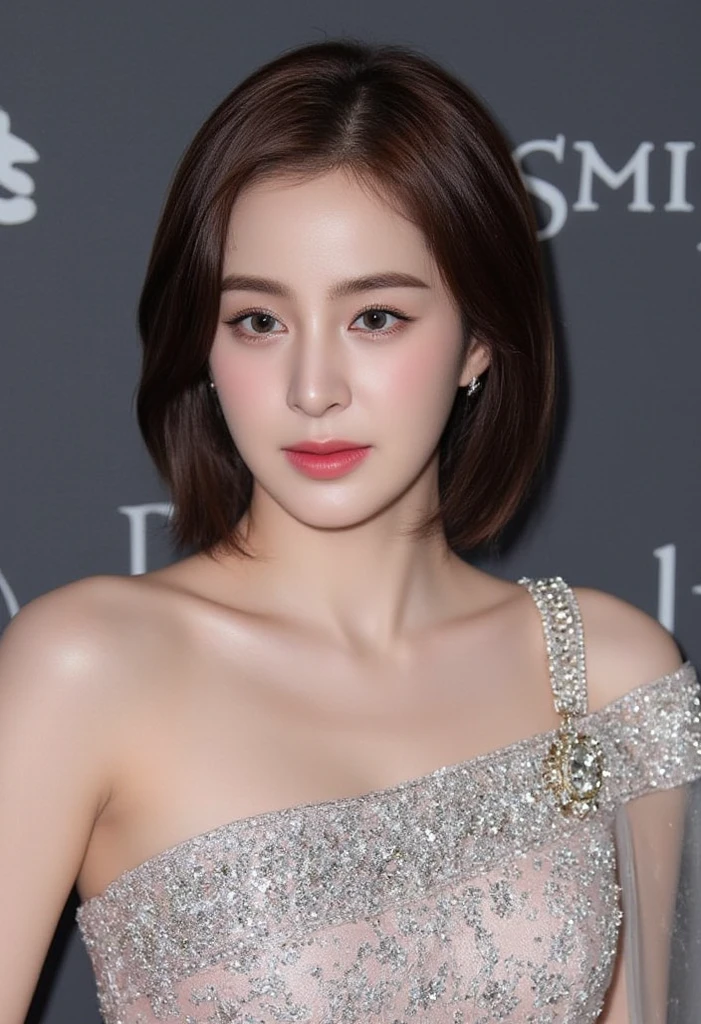 (highest quality,8K,masterpiece),studio photography,gray background,Low - Angle,portrait,high school girl,
Very beautiful beautiful girl,fine skin,realistic skin, lip gloss,rouge,
very short hair,pixie cut,
big earrings,
big breasts,thighs,emphasize cleavage,