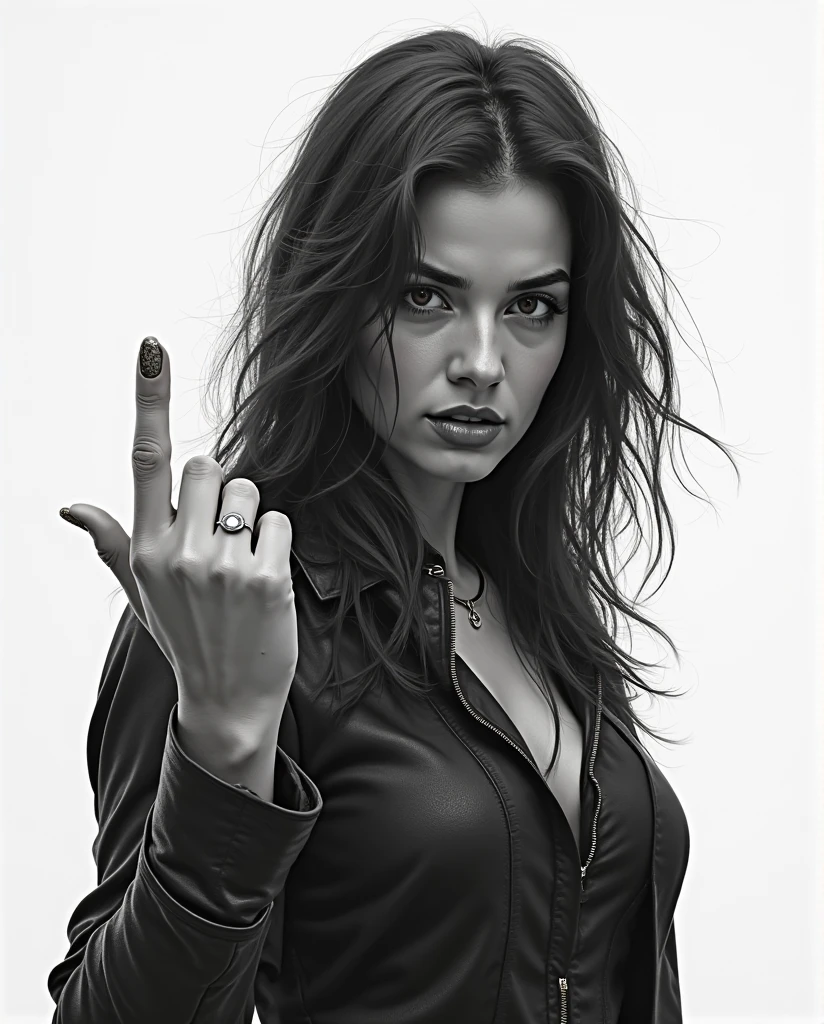 Hand showing middle finger gesture, sketching, drawing with white chalk on black board background. Detailed textures and lines, realistic style.