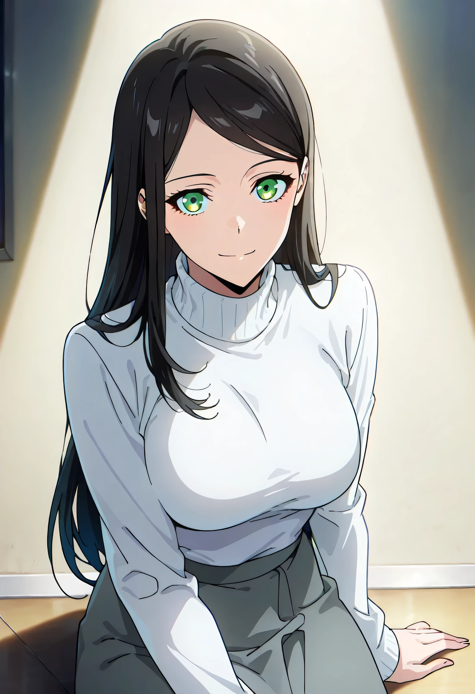 score_9, score_8_up, score_7_up, score_6_up, anime screencap, masterpiece, best quality, 1girl, dynamic lighting, in the dark, deep shadow, low key, cowboy shot, closed mouth, (((turtleneck, grey skirt, white long sleeve sweater))), ((large full breasts)), sitting, smile, closed mouth, looking at viewer, long hair, swept bangs, parted bangs, black hair, green eyes