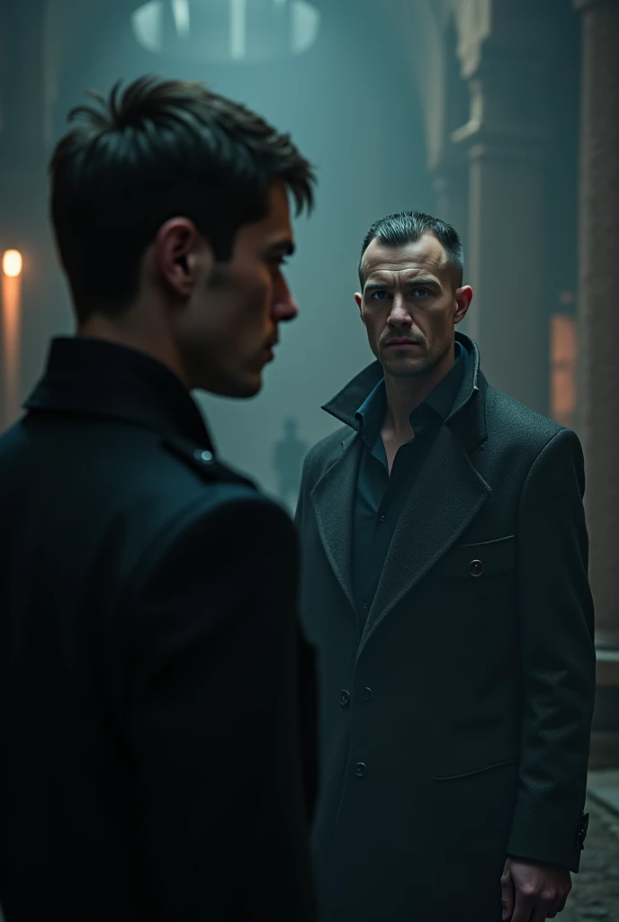 In a laboratory setting, imagine Frankenstein in a cage, muscular and naked. ,and on the outside is Nikola Tesla with a mustache and black hair , Michael Faraday with his slightly long white hair,Nikola Tesla is talking ,Make Nikola Tesla and Michael Faraday appear in the image,