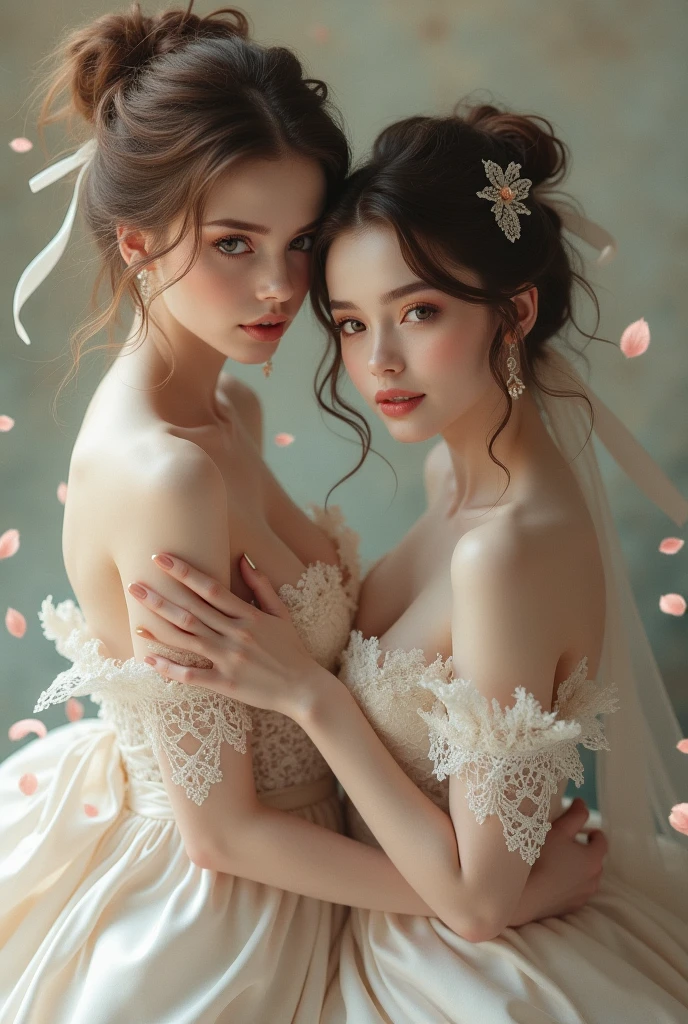 (masterpiece, highest quality, official art, beauty and aesthetic), perfect anatomy, two stunning bride is deeply in love with each other, kiss, flower