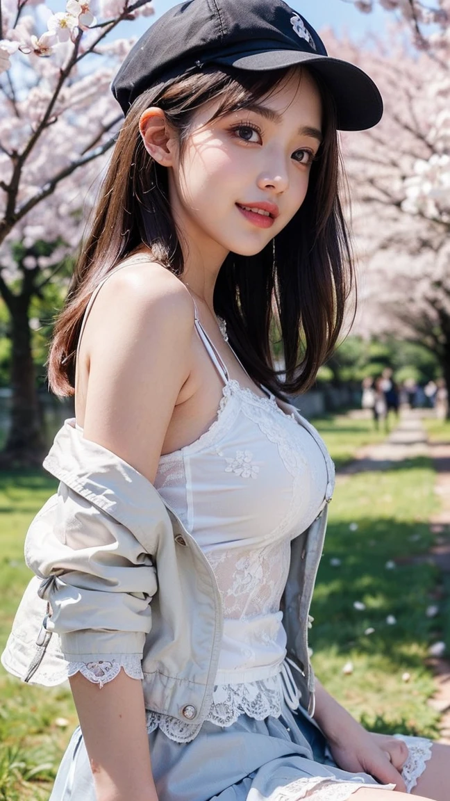 Beautiful korean woman in a white skirt，Under the cherry blossom trees，Full of cherry blossom petals flying，Bigboobs，