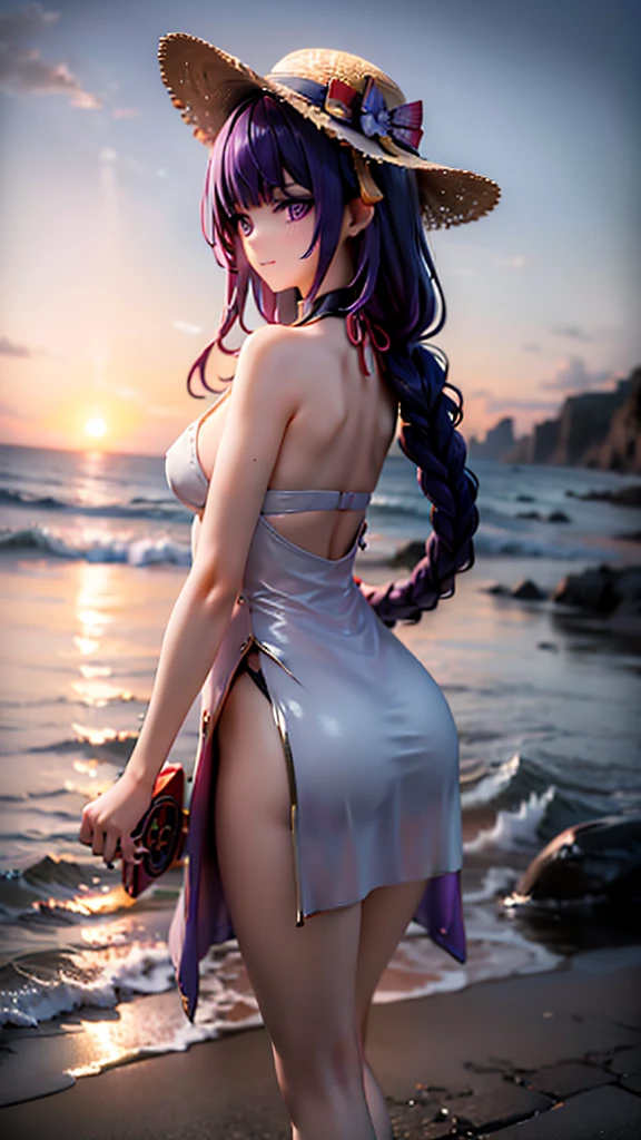 1girl, alone, beautiful, (((muscular thighs))), medium to large breasts, wearing a gradient purple bikini, (on the beach at night with a starry sky and a full moon in the sky), pure eyes, realistic pupils, highly detailed eyes, (((full body photo))), (standing), (barefoot), perfect anatomy, good anatomy, good composition, muscular belly, narrow waist, lubricating skin in the groin area, oily skin, eye reflection, eyes bright, anime, anime style, cinematic lighting, glow, bright light, ray tracing, drop shadow, Sony FE, panorama, UHD, anatomically correct, super details, high details, best quality, high resolution, HD, 16k