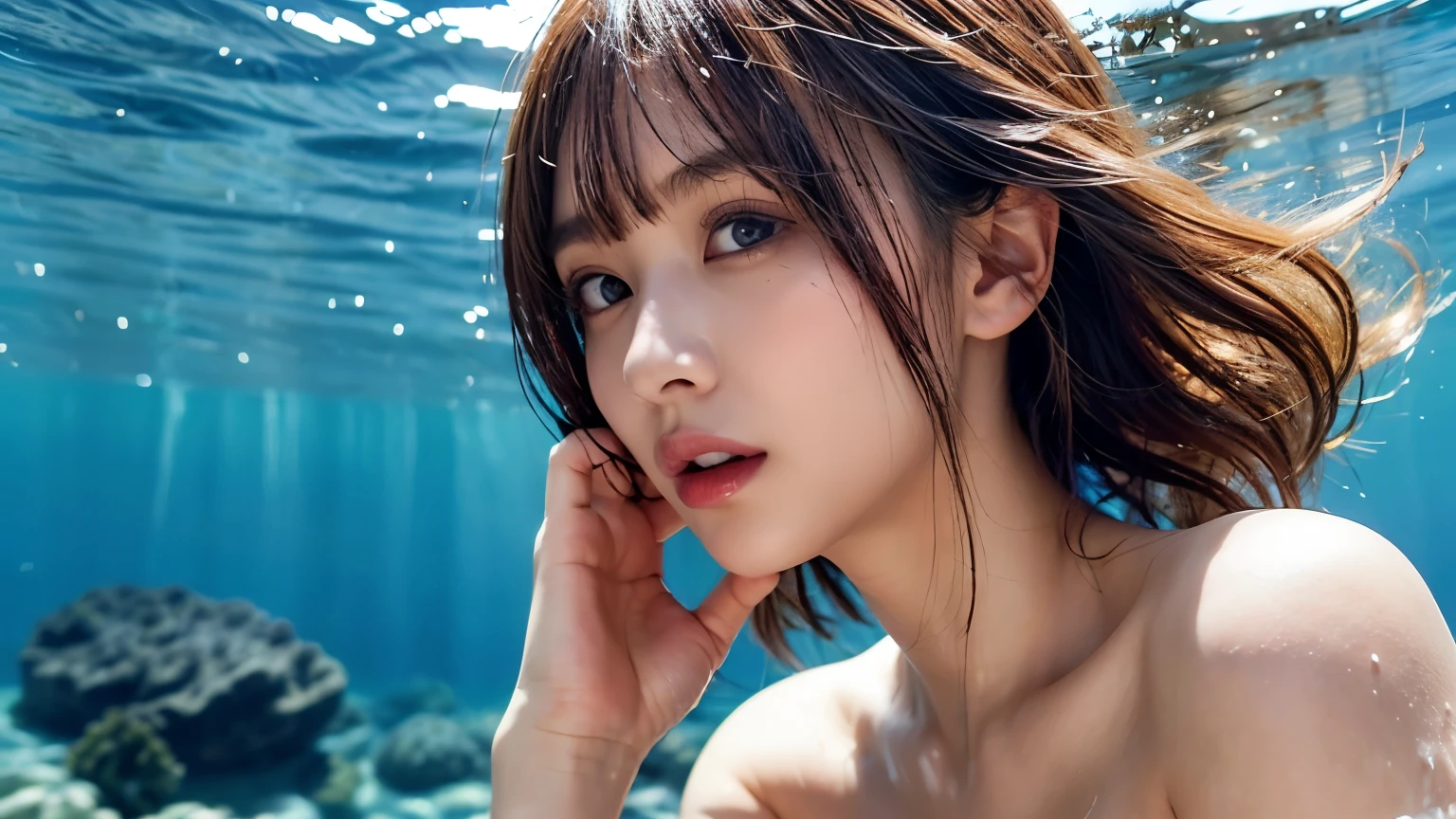 a serene latin tropical ocean, a cute young girl is swimming with flapping kicks underwater, realistic water texture, blank look, wet pale yellow and bright brown hair, hair is shaggy and dishevelled, hair is fluttering in the water, glamorous figure, rich breast, skinny waistline, beautiful white-colored translucent skin, a little sunburned, no makeup, wearing nothing, exposed skin, almost naked, refined sensuality, captivating presence, racy, provocative, young sexiness, alluring, the sea surface sparkles, {photorealistic}, {4K resolution}, {cinematic}, {dramatic}
