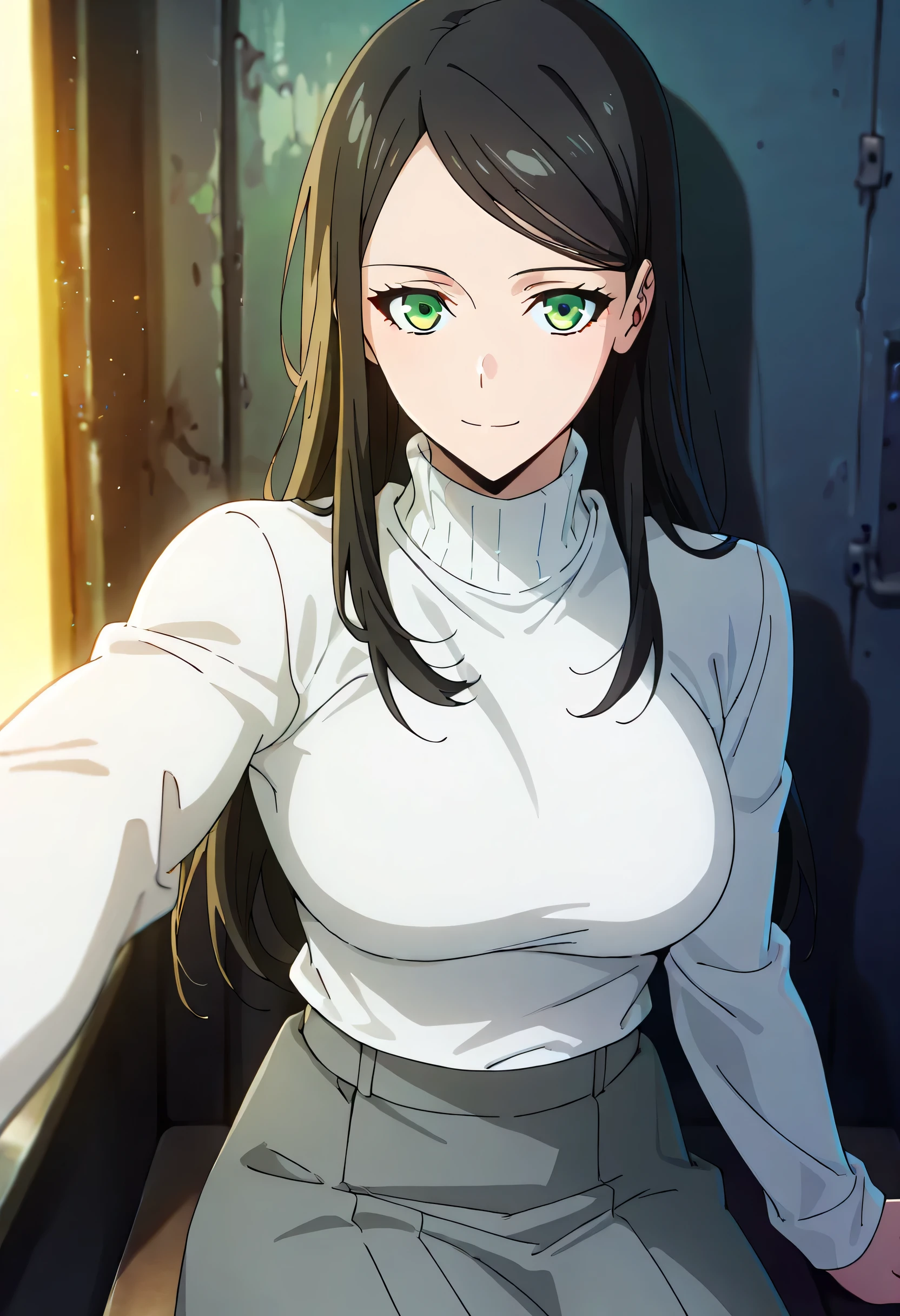 score_9, score_8_up, score_7_up, score_6_up, anime screencap, masterpiece, best quality, 1girl, dynamic lighting, in the dark, deep shadow, low key, cowboy shot, closed mouth, (((turtleneck, grey skirt, white long sleeve sweater))), ((large full breasts)), sitting, smile, closed mouth, looking at viewer, long hair, swept bangs, parted bangs, black hair, green eyes