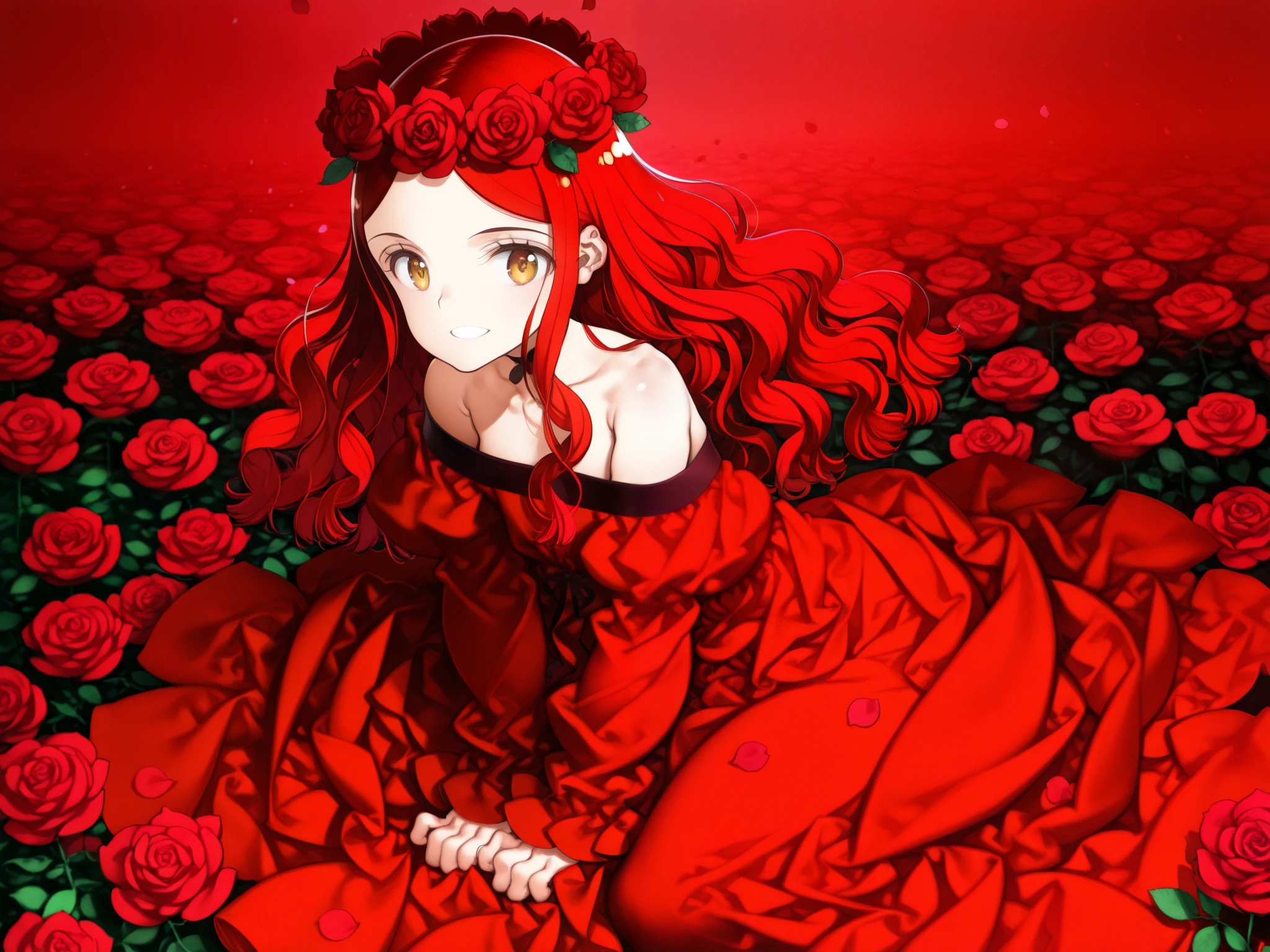 in the Rose garden,(petals:1.3),Artist ooyari ashito,1 girl,solo,red hair,long hair,wavy hair,grin,red,eyes,rose flower crown,red long dress,bare shoulder