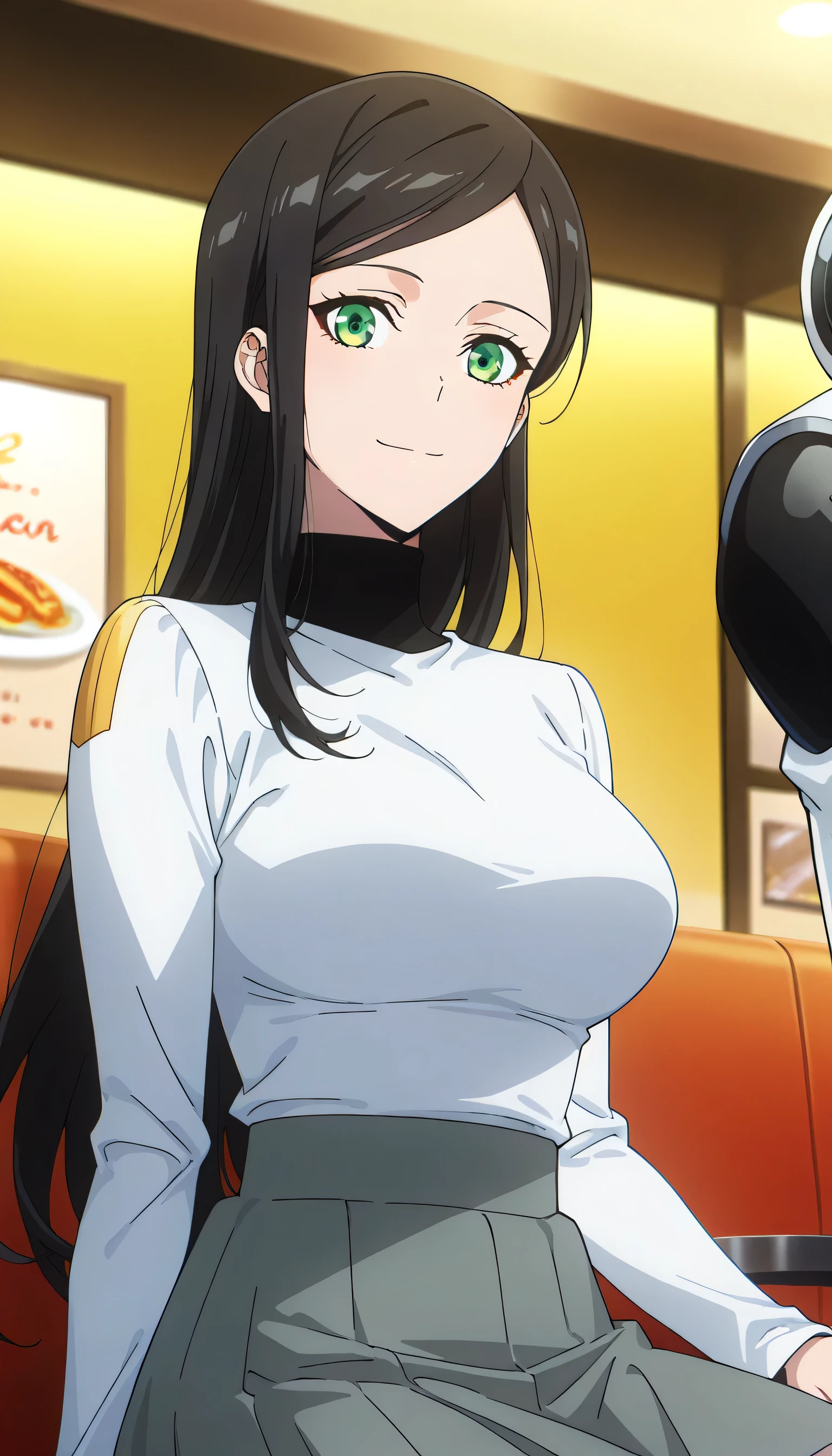 score_9, score_8_up, score_7_up, score_6_up, anime screencap, (masterpiece), (best quality), 1girl, solo, dynamic lighting, (((turtleneck, white long sleeve seater, grey skirt))), (large full breasts), smile, closed mouth, looking at viewer, long hair, swept bangs, parted bangs, black hair, green eyes, casual dining restaurant, sitting