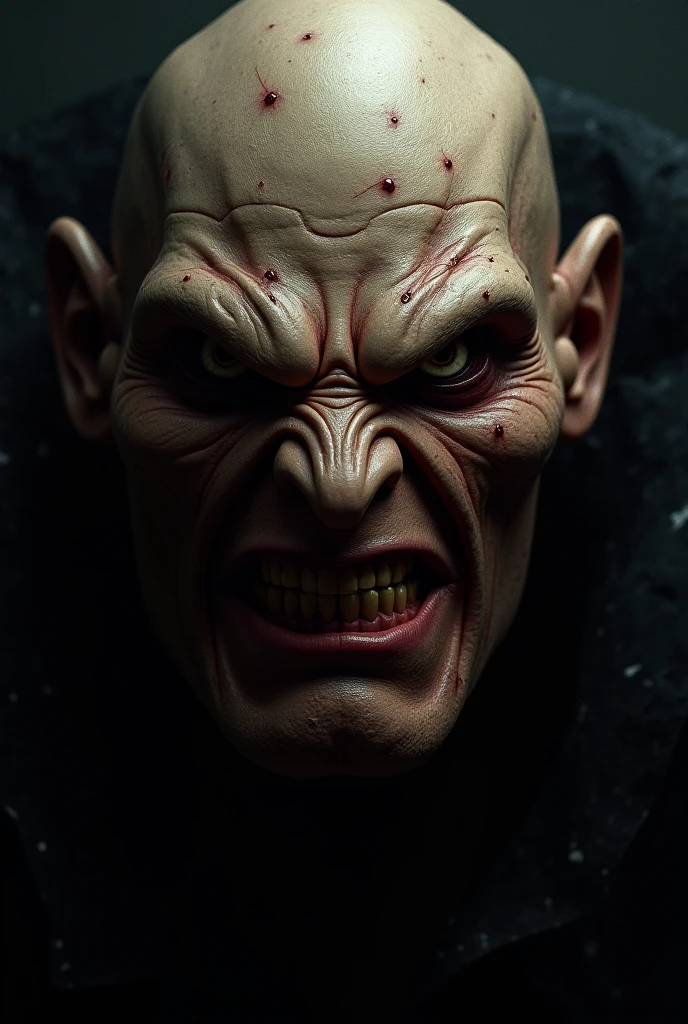 A creature with a mask covering everything except its eyes and smile, naughty man, wear a cloth mask, brawny, evil smile, scary eyes, butcher's clothing