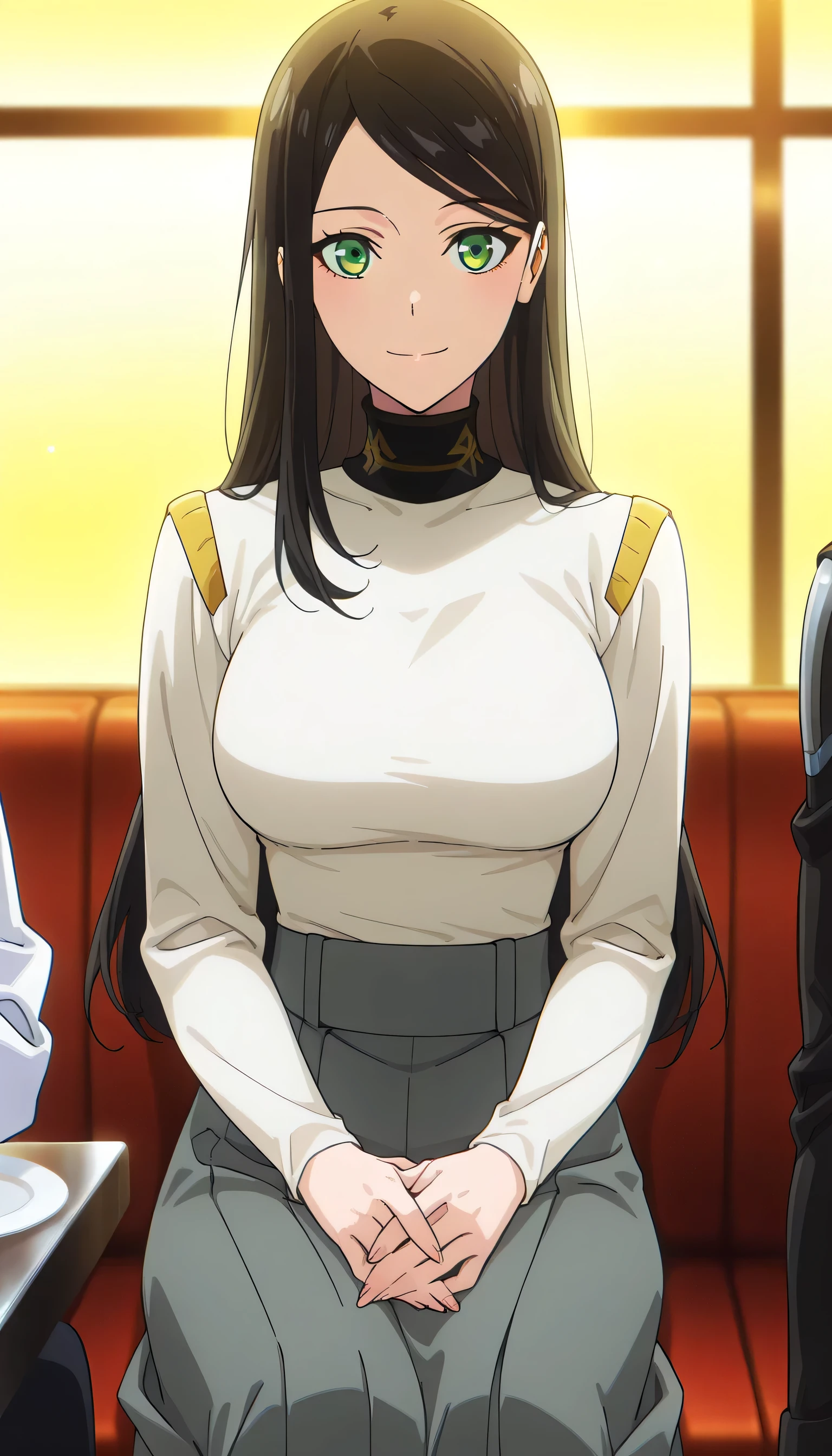 score_9, score_8_up, score_7_up, score_6_up, anime screencap, (masterpiece), (best quality), 1girl, solo, dynamic lighting, (((turtleneck, white long sleeve seater, grey skirt))), (large full breasts), smile, closed mouth, looking at viewer, long hair, swept bangs, parted bangs, black hair, green eyes, casual dining restaurant, sitting