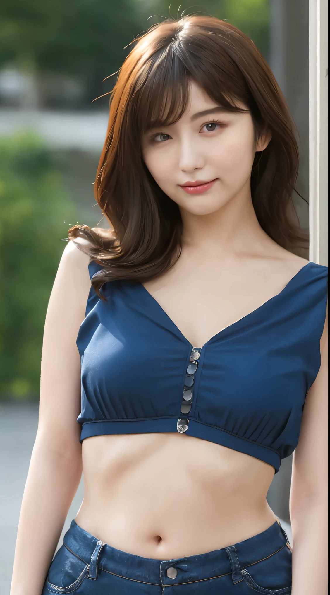 Front 、masterpiece, Best Quality , illustration , Ultra Detailed, in detail , high resolution, 8k Wallpaper, perfect dynamic configuration , beautiful detailed eyes, women's fashion summer , medium hair , big breasts natural colored lips , bold and sexy pose,Harajuku、 20 year old girl、 it's cute 、 Horizontal Composition Pose、The color of the clothes is dark blue 、 My belly button is slightly visible 、