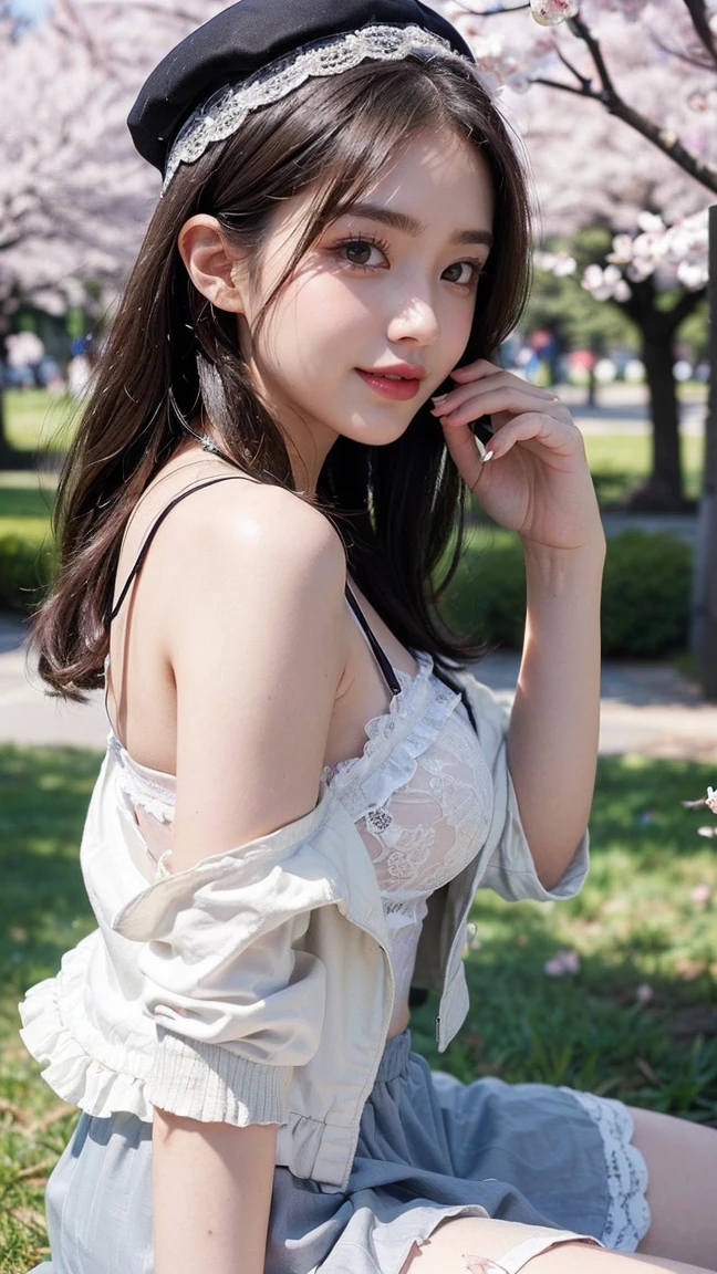 Beautiful college girl in the city, masterpiece, light makeup, red lips, brown hair, beautiful hair, (medium hair1.3), city background, elegant, Very fine details, masterworks, authentic texture, cinematic lighting realism, perfect work, 16k, high resolution, exquisite features, brown eyes, (Ultra-high resolution eye:1.1), Japanese idol, beautiful face, (gentle smile like a goddess) , attractive, big well-shaped breasts, beautiful cleavage,shiny skin,(White Linen off-shoulder summer mini dress:1.3), bright big eyes, smooth skin, (Heart shaped necklace),(Triangle ornament earrings),BREAK, (gentle smile like a goddess),sleeping position, (lie down and sleeping on a bench:1.3),(cross legs:1.3),(by the shopping street), shoot from above,