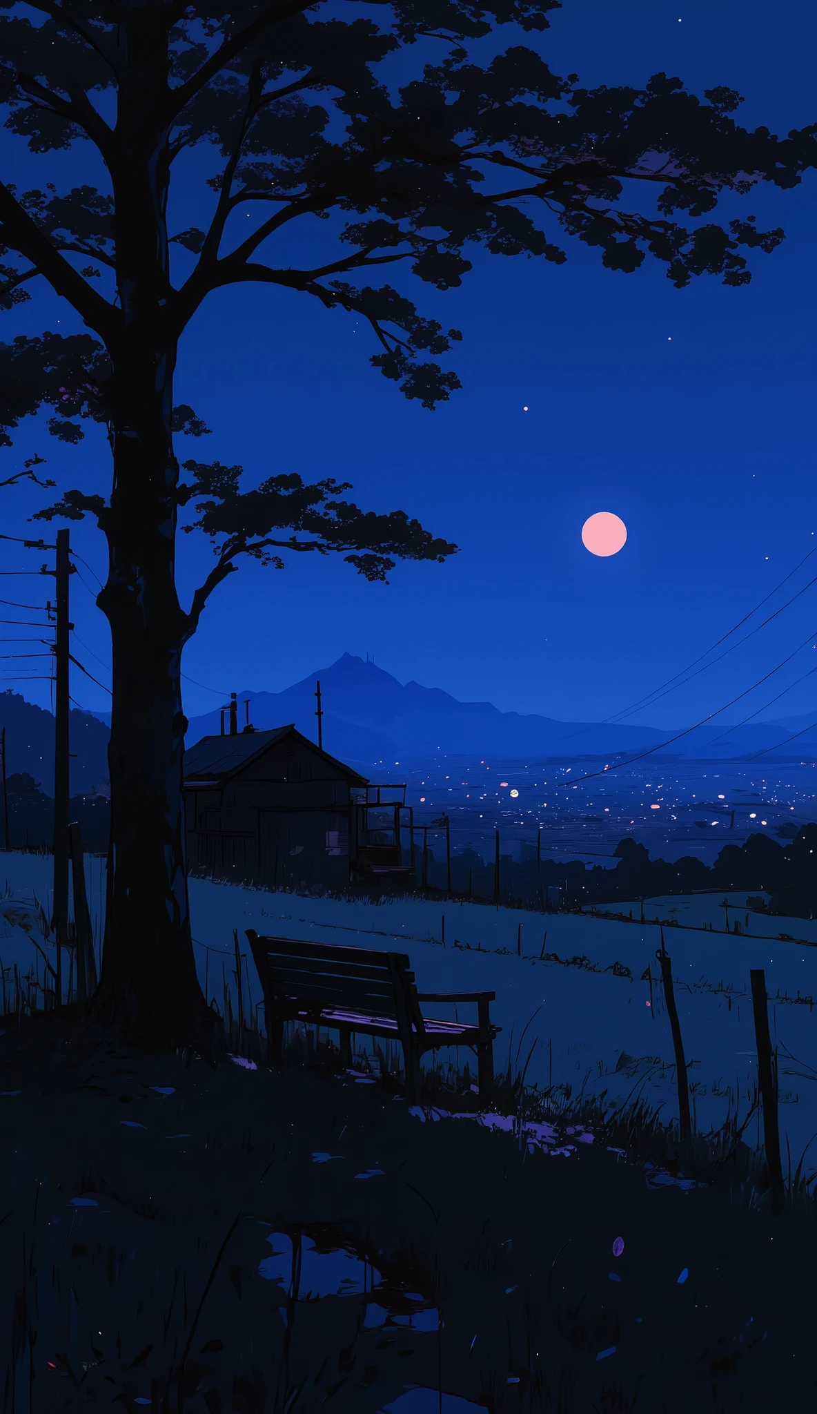 Create an intense, evocative scene in the Japanese retro anime style of the 80s and 90s. The background features a small moon hanging low over an open field landscape with a solitary tree, a wooden bench nearby, and rustic fences stretching into the distance. In the far background, the faint silhouette of a distant city glows softly, adding depth and contrast. The scenery is stark, with sharp contrasts highlighting the contours of the land, tree, and structures. The blue, purple, and black palette intensifies the mood, evoking a sense of mystery, allure, and sadness. Subtle film grain and meticulous shading add depth and texture, emphasizing the emotional gravity of the atmosphere. The lighting creates a chiaroscuro effect, enhancing the dramatic and melancholic ambiance of the scene.