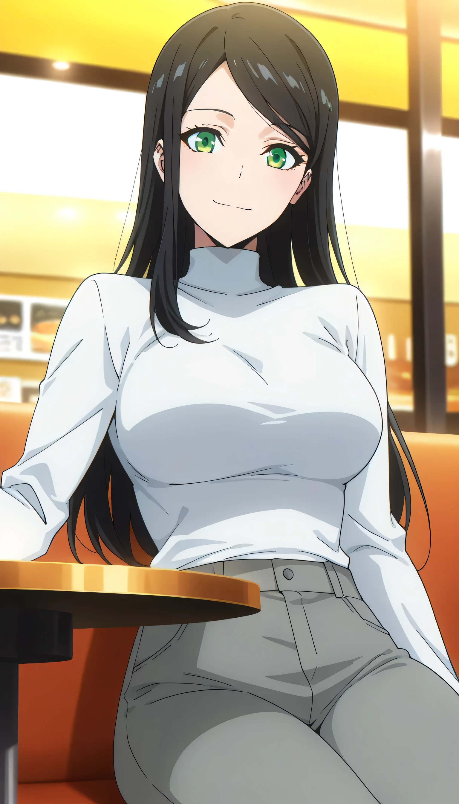 score_9, score_8_up, score_7_up, score_6_up, anime screencap, (masterpiece), (best quality), 1girl, solo, dynamic lighting, (((white turtleneck, white thick seater, grey pants))), (large full breasts), smile, looking at viewer, long hair, swept bangs, parted bangs, black hair, green eyes, casual dining restaurant, sitting