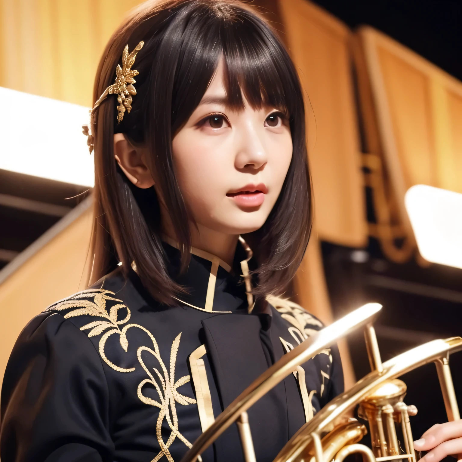 Depict a 20-year-old, dazzlingly beautiful woman playing a brass instrument in a grand concert hall. She wears an elegant yet practical band uniform, designed with intricate gold embroidery. Her posture is poised, fingers positioned with precision, her eyes focused as she plays passionately. The warm stage lighting highlights the shine of her instrument, creating a visually striking contrast between her and the surrounding orchestra. Dark hair, long hair, dark eyes.