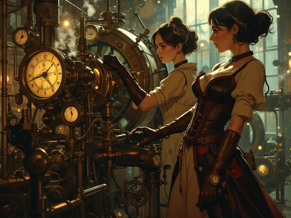 photorealistic, perfect anatomy, realistic character, hyper photorealism, very high contrast lighting, street photography, cinematic lighting, dramatic lighting, shot from the back, (((a girl on a chair is repairing a machine in the steamy smoky workshop))), (a 19 yo girl, (Ana de Armas:0.70), (redhead:1.1)), very cute, (perfect eyes:1.1), photorealistic wavy hair, a girl in a steampunk jumpsuit in light gray color, intercom headset, steampunk choker, long leather boots, perfect detailed face, detailed symmetric green eyes with circular iris, fixing a steam engine in the steampunk garage filled with steam and smoke, cogs and gears, steamy background with lots of steam pipes and steam valves and pressure gauges and gears, intricate background, very highly detailed costume, very highly detailed background, steampunk fantasy style, steampunk , steampunk aesthetic, steamy, smoky