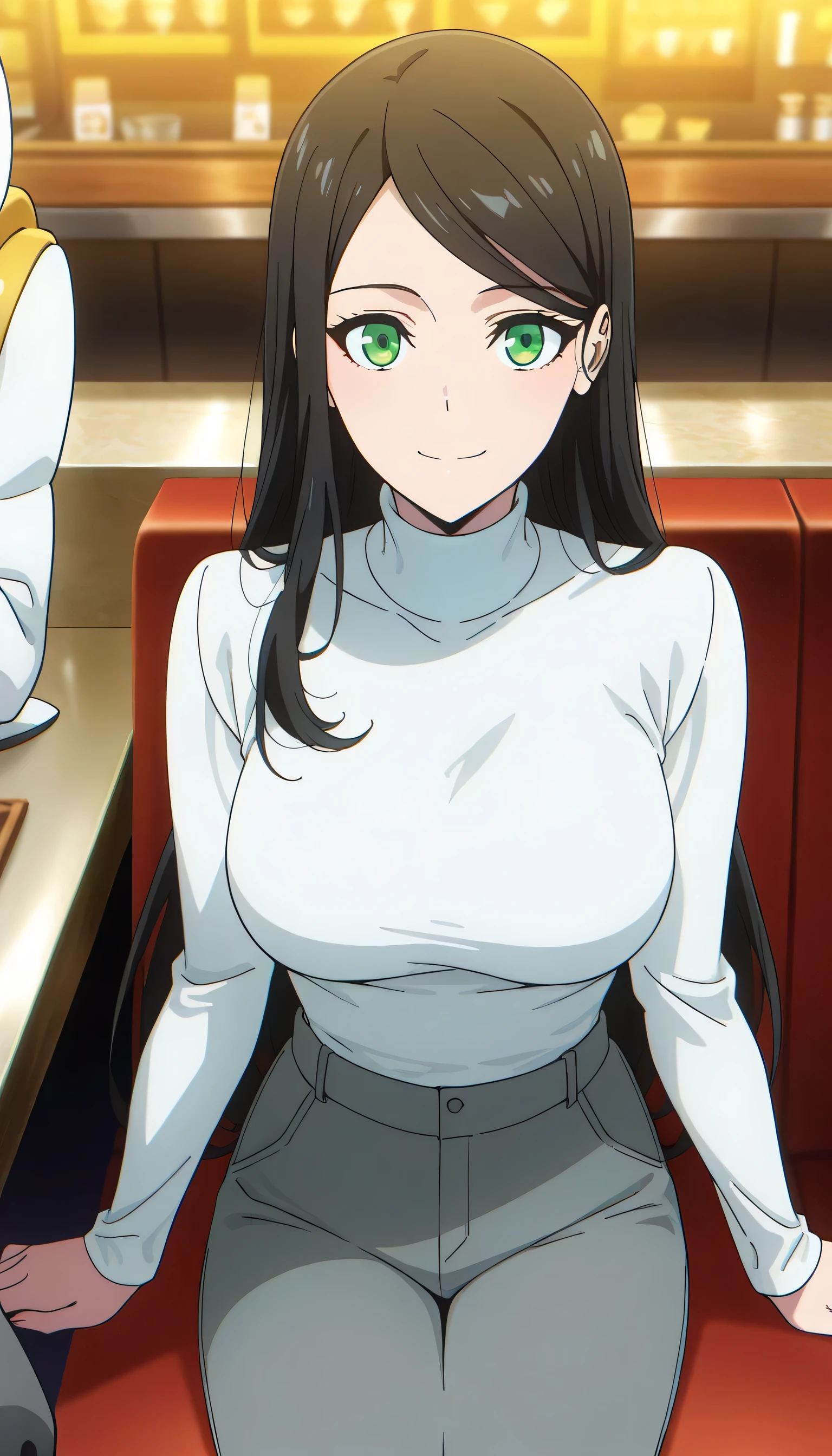 score_9, score_8_up, score_7_up, score_6_up, anime screencap, (masterpiece), (best quality), 1girl, solo, dynamic lighting, (((white turtleneck, white thick seater, grey pants))), (large full breasts), smile, looking at viewer, long hair, swept bangs, parted bangs, black hair, green eyes, casual dining restaurant, sitting