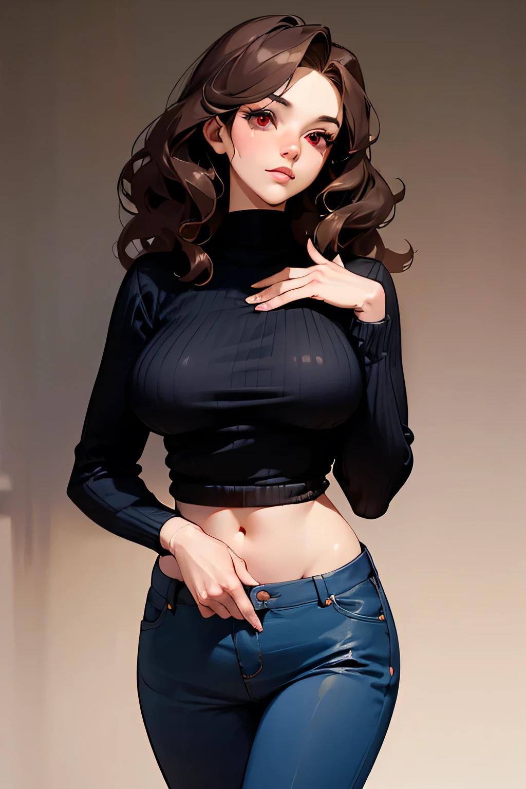 Detailed character sheet, Front view, Side view, Oblique view, 24-year-old woman、Sexy proportions、Narrow waist、slender、Sexy、Lace fabric high neck top、Long sleeves（Covered to the fingertips）、Longer length、Low rise leggings、Touching your hair