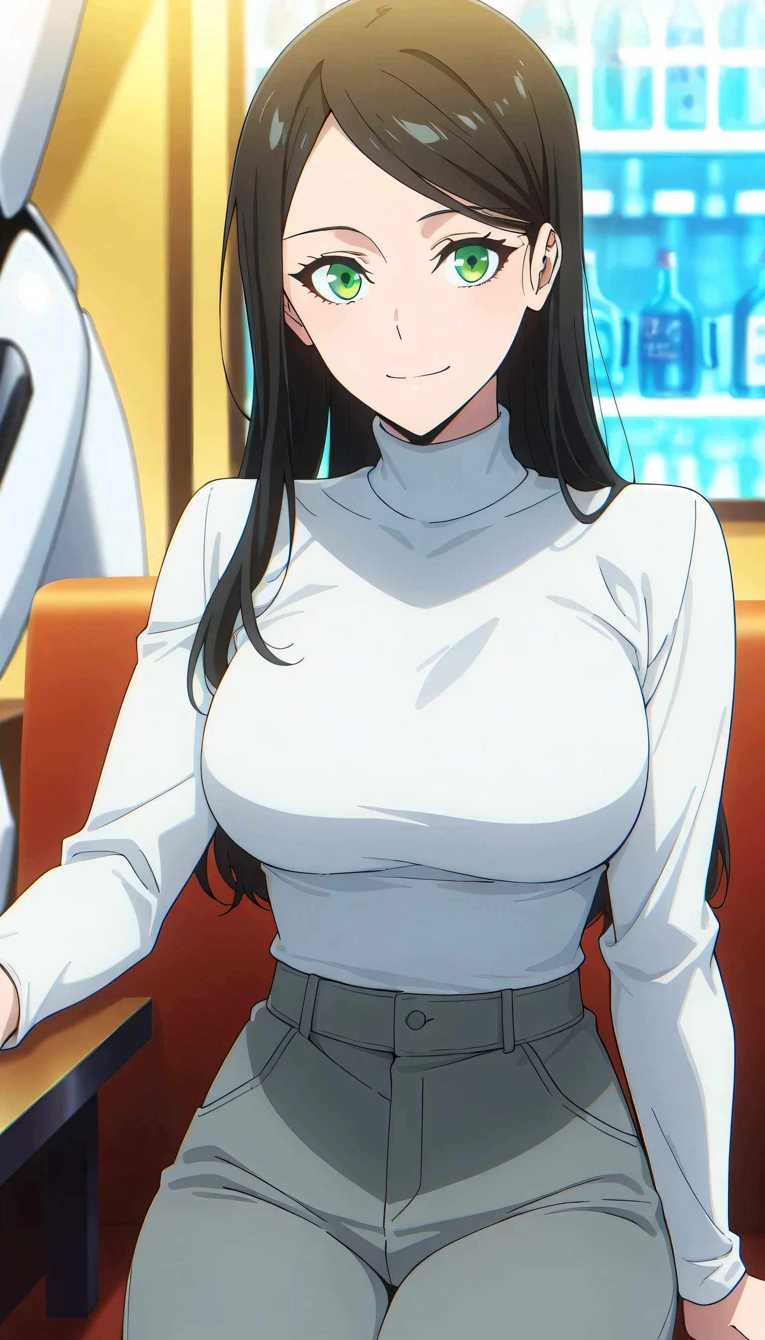 score_9, score_8_up, score_7_up, score_6_up, anime screencap, (masterpiece), (best quality), 1girl, solo, dynamic lighting, (((white turtleneck, white thick seater, grey pants))), (large full breasts), smile, looking at viewer, long hair, swept bangs, parted bangs, black hair, green eyes, casual dining restaurant, sitting