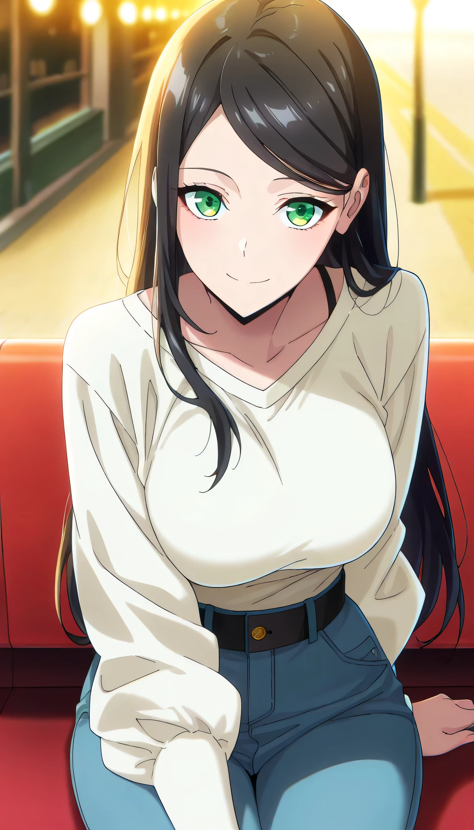 score_9, score_8_up, score_7_up, score_6_up, anime screencap, (masterpiece), (best quality), 1girl, solo, dynamic lighting, (((casual fashion))), (large full breasts), smile, looking at viewer, long hair, swept bangs, parted bangs, black hair, green eyes, dating, sitting
