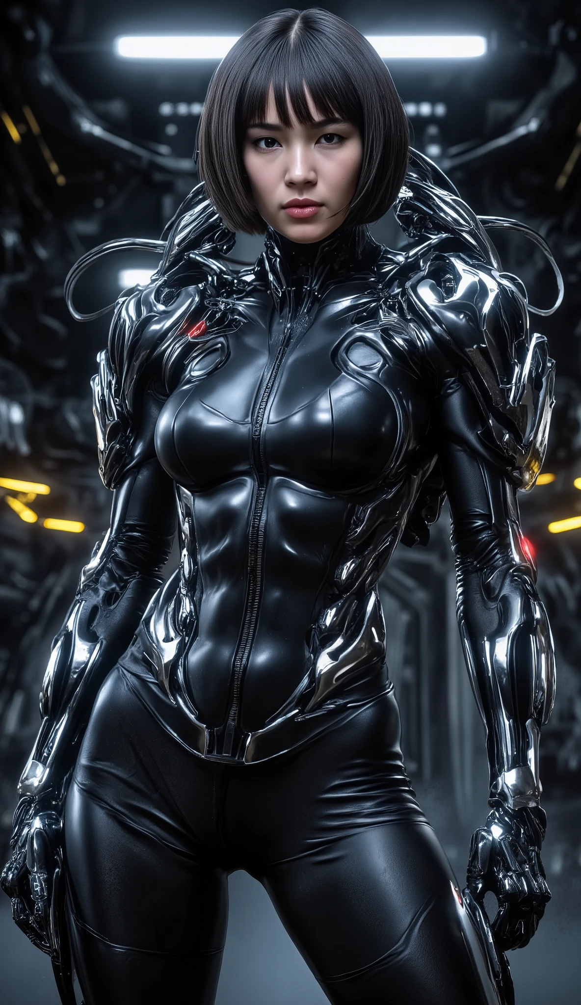 high resolution, cinematic lighting, A girl in a cyborg suit is standing with a gun ,Short hair with bob cut ,