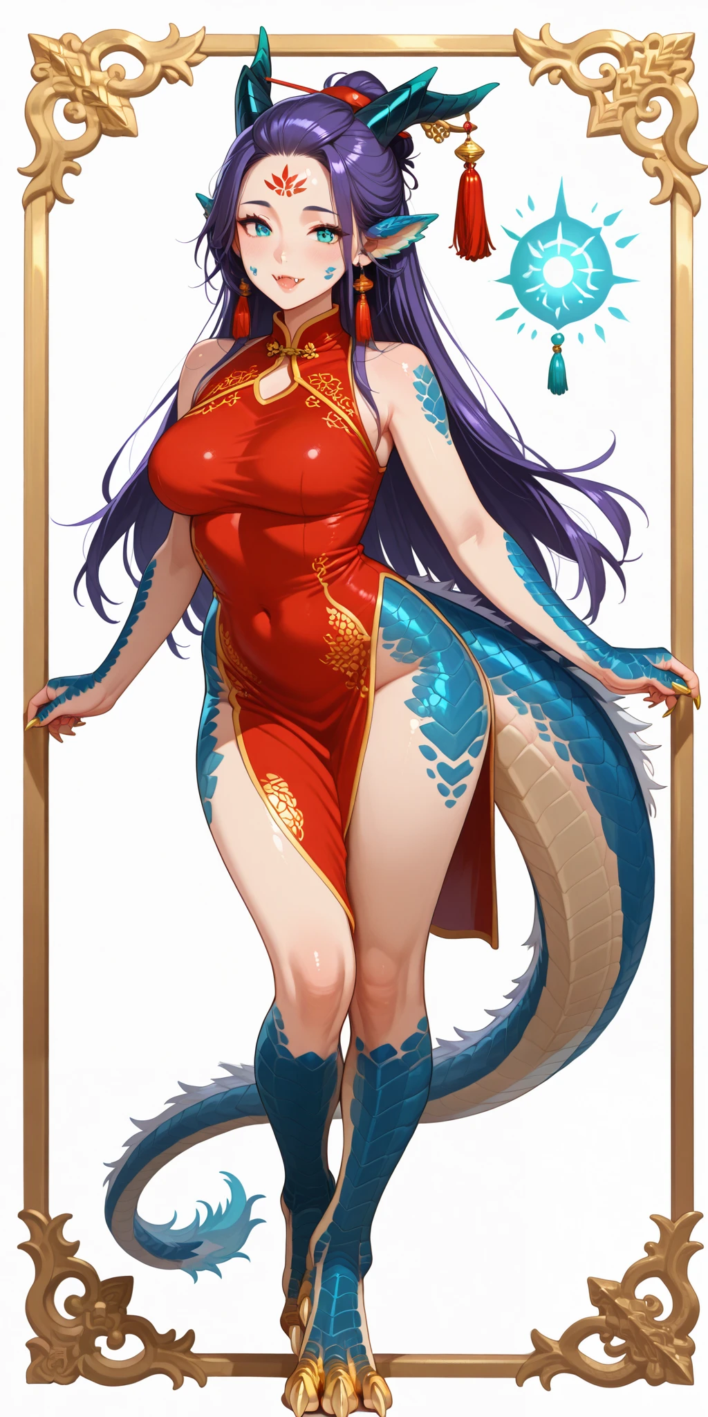 Girl is hybrid of the dragon. She has indigo blue/black straight shot hairstyle, her bangs are pinned up and pulled back. She has green/turquoise eyes with narrow pupil. she has 4 curved branched horns are located on the forehead. She has long pointy blue fluffy dragon ears. She has long mighty scaly dragon tail with black mane along the spine and black fluffy tassel on tip of her tail. On her skin fully covered with indigo blue/azure scales with Nazar pattern. She has her hands fingers and feet toes she has long golden claws. She has red stripes tattoos on her face , and all over her body. Her lips navi blue, she has a gold sharp fangs. She's wearing a red qipao embroidered with golden dragon patterns. She's barefoot. She walks in the garden of the oriental temple high in the mountains.