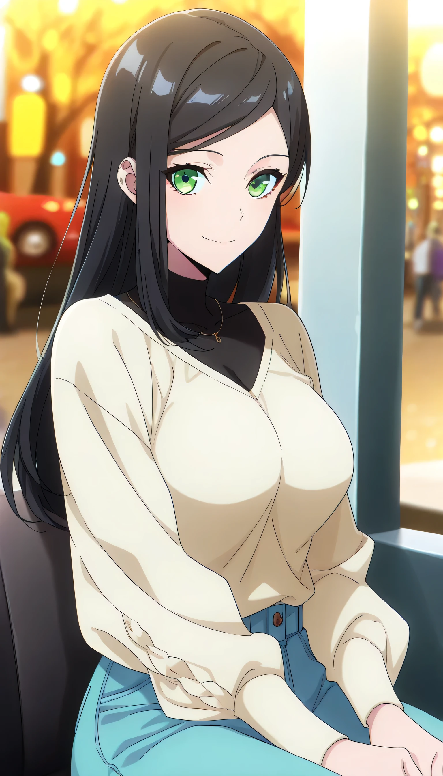 score_9, score_8_up, score_7_up, score_6_up, anime screencap, (masterpiece), (best quality), 1girl, solo, dynamic lighting, (((casual fashion))), (large full breasts), smile, looking at viewer, long hair, swept bangs, parted bangs, black hair, green eyes, dating, sitting