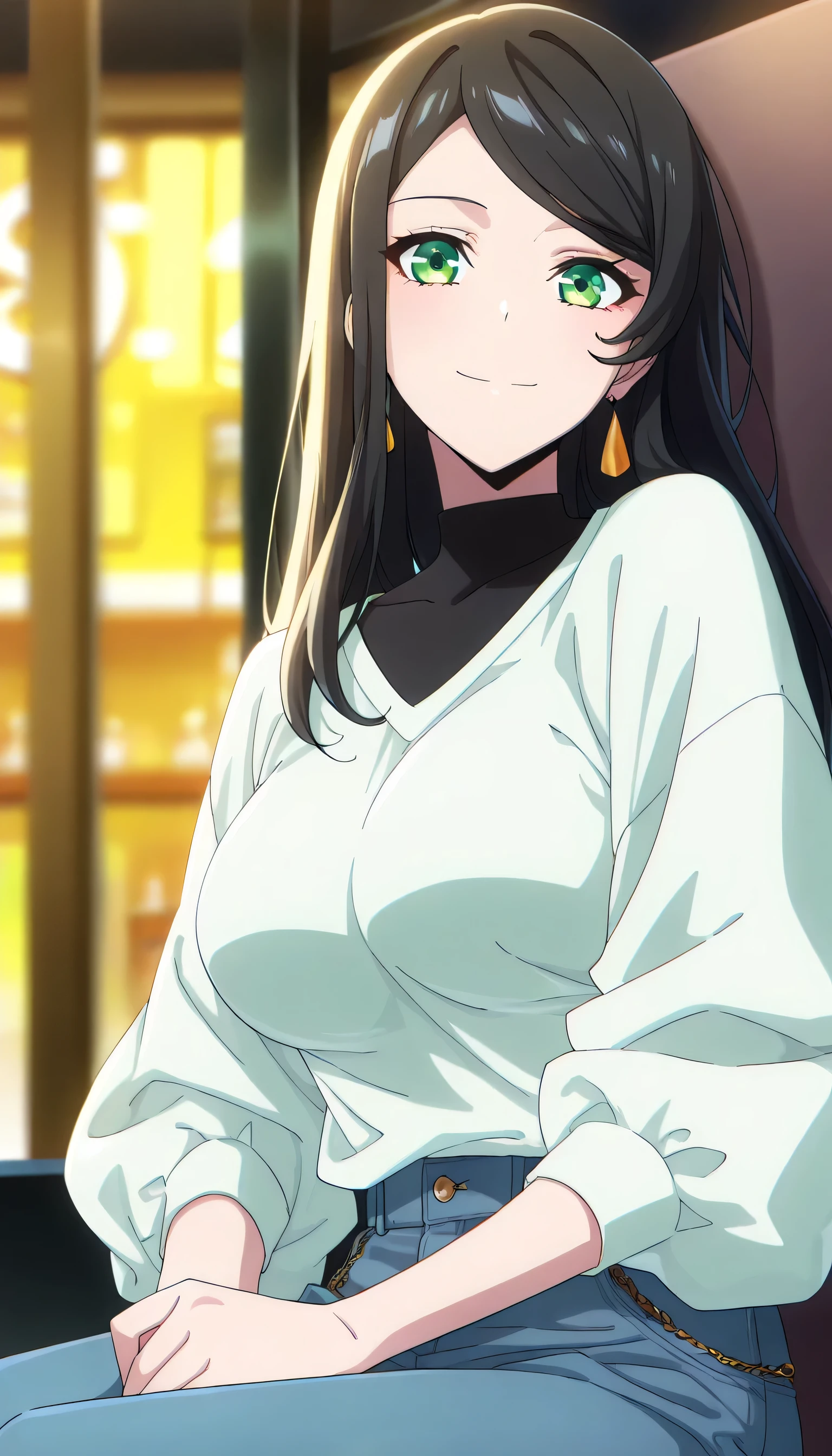 score_9, score_8_up, score_7_up, score_6_up, anime screencap, (masterpiece), (best quality), 1girl, solo, dynamic lighting, (((casual fashion))), (large full breasts), smile, looking at viewer, long hair, swept bangs, parted bangs, black hair, green eyes, dating, sitting