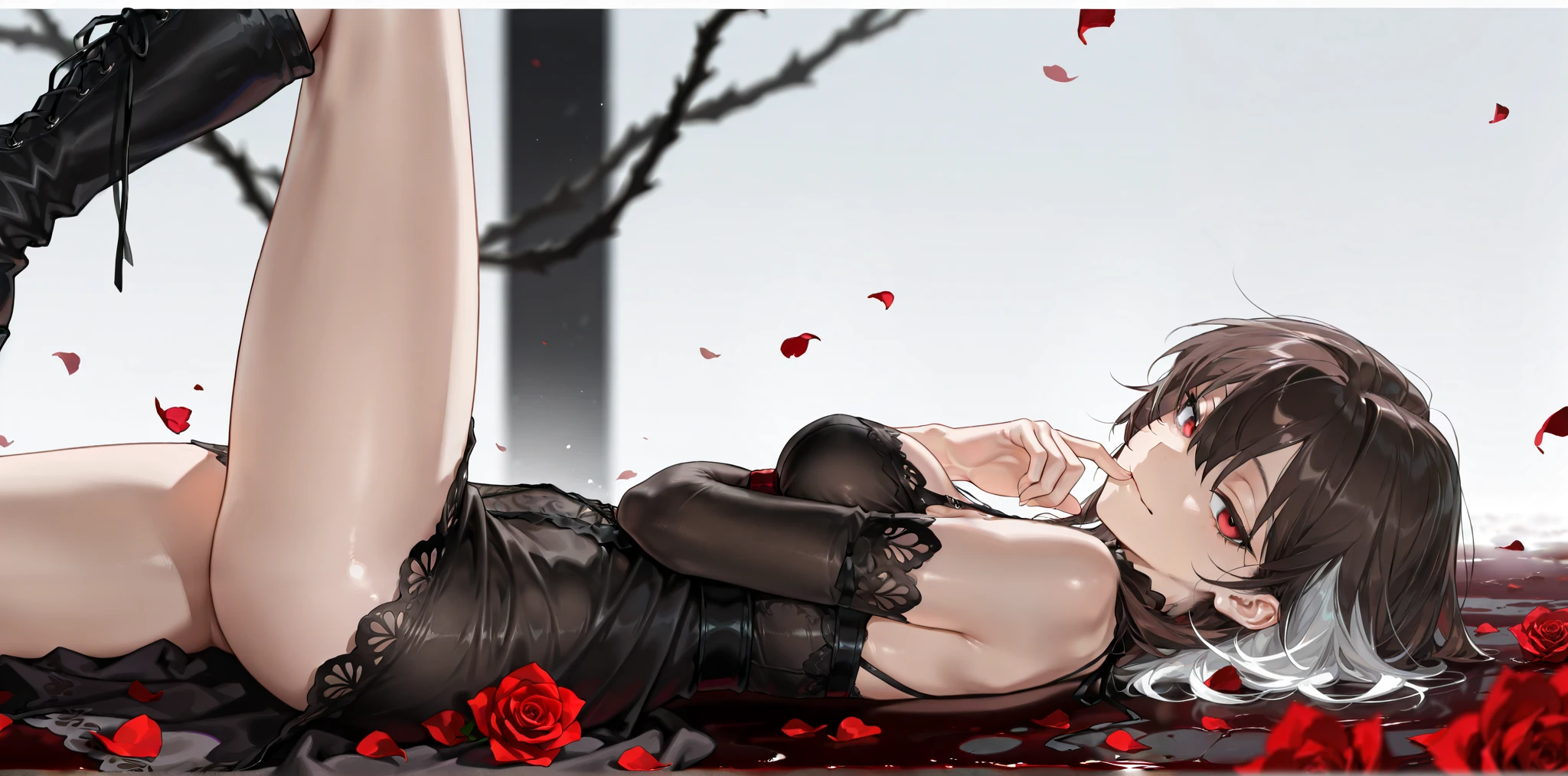 by [arknights|(748cmstyle:0.5)], mature, young adult, masterpiece, best quality, amazing quality, very aesthetic, high resolution, ultra-detailed, absurdres,
1girl, woman, solo, alone,(dynamic pose, looking at viewer, resting on her elbow, side shot, from the side, upper body focus, three quarter view, close-up:1.2), dramatic pose, red eyes, black hair, medium hair, white hair, brown hair, vampire, lace dress, high boots, succubus, holding her breasts, half lidded eyes, tsurime, medium breasts, divinity, fighter, lip bite, darkness, Laying down in a field of blood roses, laying down on her side, sexy pose, rubbing her thighs, on her sides, finger on her lips, hushing, soft eyes, loving expression, bedroom eyes, curled up, gentle, falling rose petals,
BREAK, depth of field, volumetric lighting
 