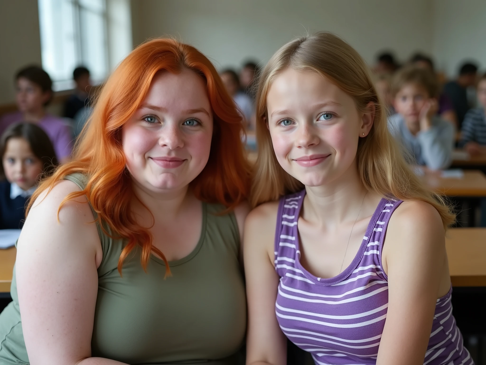 Very realistic real photo of
Two girls sitting next to each other at school. Fat ginger girl. And slim blonde
The ginger girl is pretty and wears a green sleeveless top. She has big breasts and is curvy
The blonde is wearing a purple top with white stripes. Has round small breasts
Cell phone photo