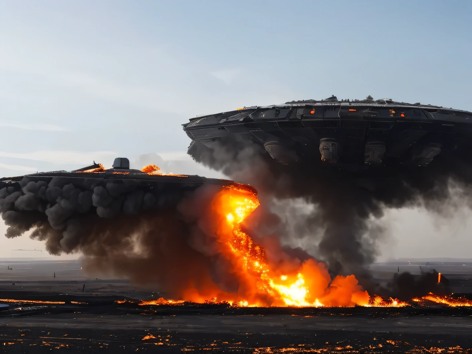 A huge and mysterious spaceship that crashes wrapped in flames and black smoke、Detailed details、Doomsday War 、、Hellish Scene,Ultra Realistic Pictures,