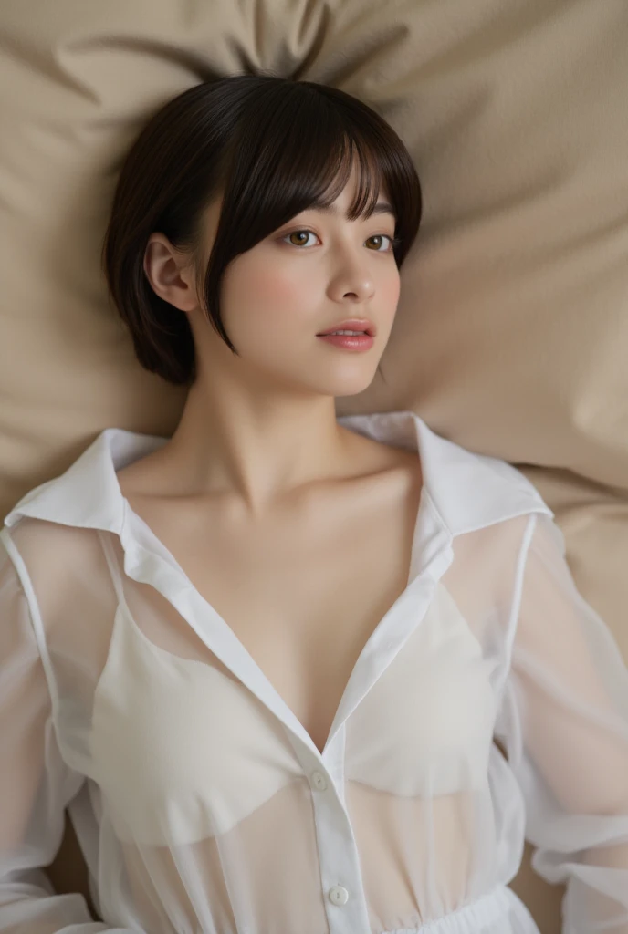 (8K, RAW Photos,Highest quality, High resolution:1.1), (超Realisticな:1.4),(Realistic, Realistic:1.3),The Beauty of Japan、masterpiece, Realisticな, In 8K, Best image quality, Highest quality, 1 girl, (Esbian all over),  Absurdな, High resolution, Photorealistic, Realistic skin texture, Seeing the viewer, 8K Ultra HD, RAW Photos, masterpiece, Highest quality, Realistic, photo Realistic, 非常に詳細な CG ユニティ 8K 壁紙, Absurd, Highly detailed skin, close, throw, From above, orgasm, Ecstasy, Open your mouth, Lying down, Sleeping in bed, (chest), (Button unbuttoned , shirt:1.3), Underarm, Leg spread, short hair, Shiny skin, Wet Skin,
