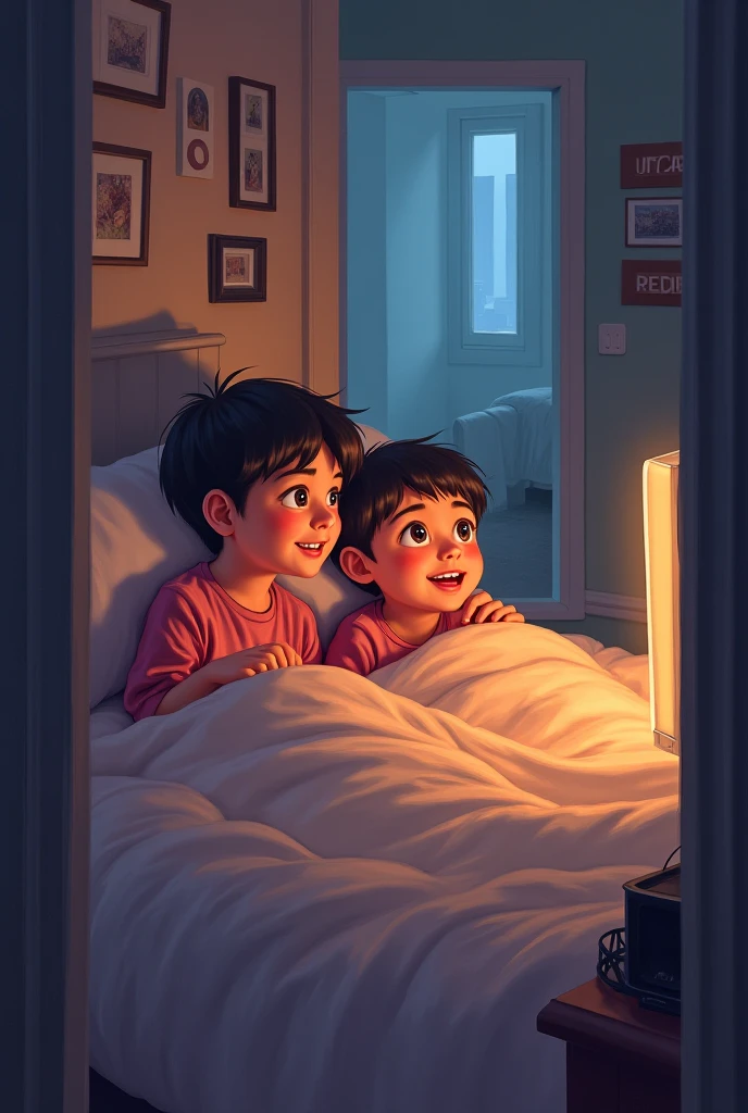 Disney Pixar poster titled "VRIXIAN", with 2 guys in bed, they look shocked and pulls a blanket together, besides them there's a Shiba Inu dog