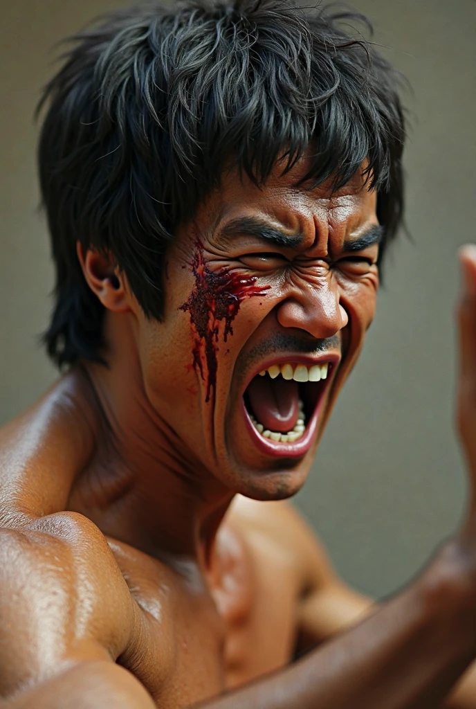 (Hyper fidelity, a scene of a Malay male boxer punching his bleeding opponent's head, left hook punch, bloody face with splashing blood )