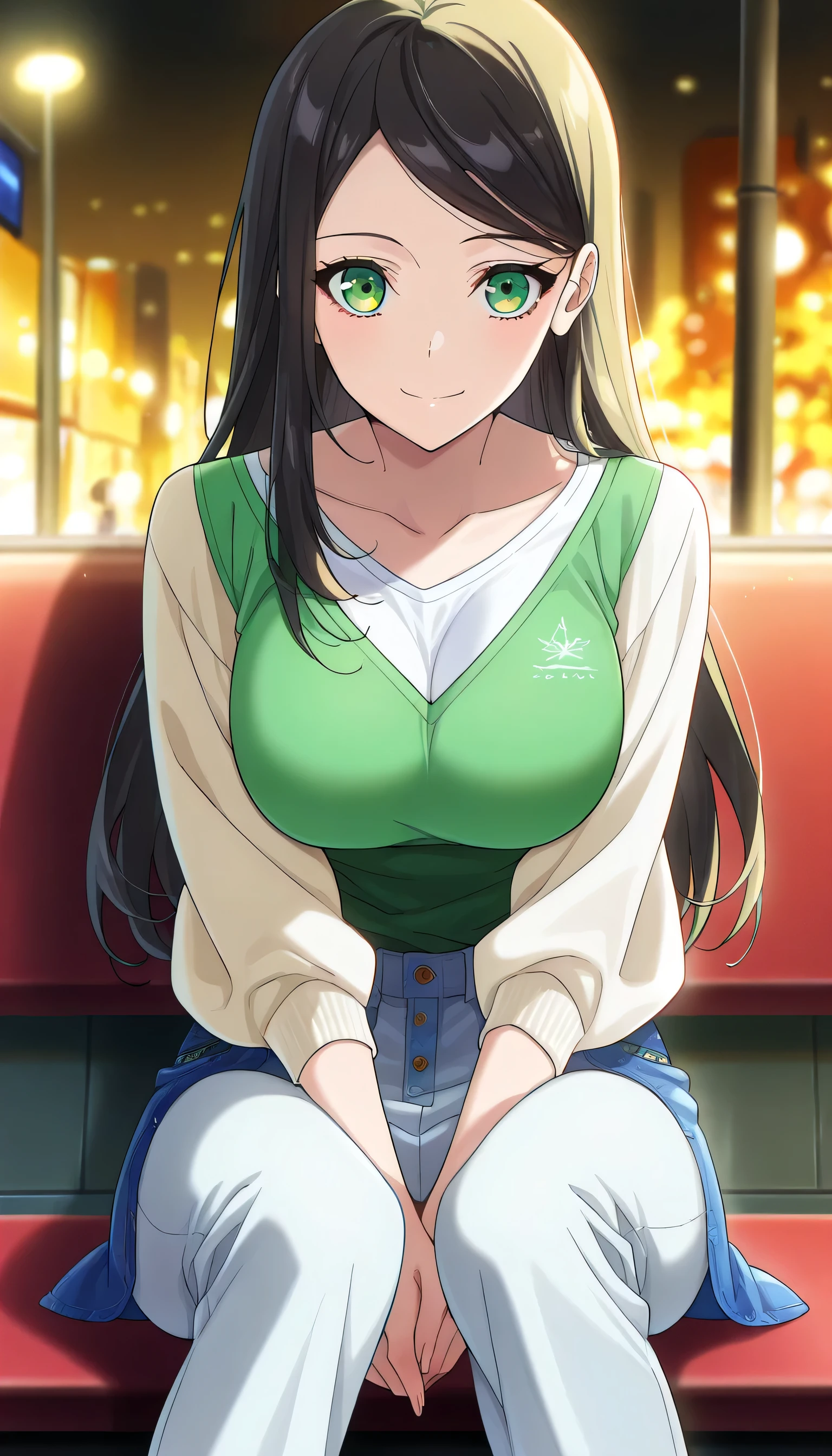 score_9, score_8_up, score_7_up, score_6_up, anime screencap, (masterpiece), (best quality), 1girl, solo, dynamic lighting, (((casual fashion))), (large full breasts), smile, looking at viewer, long hair, swept bangs, parted bangs, black hair, green eyes, dating, sitting