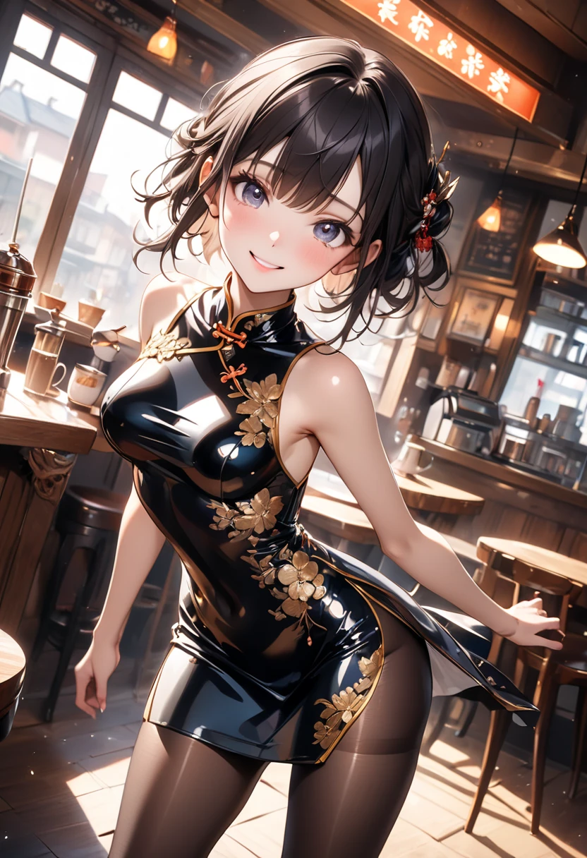 masterpiece, top quality, high detailed, detailed face, bright Eyes, outdoor, blurred background, dynamic poses, dynamic angle, (from the front),standing, (small breasts),(cleavage),(see through dress),(Looking forward:1.5), xianglingdef,joyful, laughing, hot and spicy, happy, in a old traditional Chinese restaurant