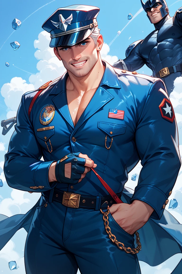 32k, high quality , detailed face , detailed hands , detailed muscles , (((stephen amell as a marine officer))) posing ,standing with spread legs, showing his muscles and bulge , wearing dark blue marine outfit , background a tavern ambiance full of men