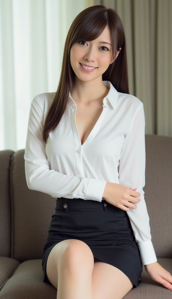 company employee、(Body turned to the side、Shooting from the side、Looking to the side,Shooting from the side:1.6),Not looking here、(General shirt、Wearing a white blouse、Wearing a typical business suit),(The fourth button on her blouse is slightly open.,Only the fourth button is open、All buttons except the fourth button are closed、Chest visible through the gap in the button、The edge of the bra is visible through the gap between the buttons.:1.5),Mid-chest、slender、ponytail、Black Hair、Beauty、23 years old、cute、smile、(Long shirt:1.8),Tuck the shirt into the skirt、Cleavage