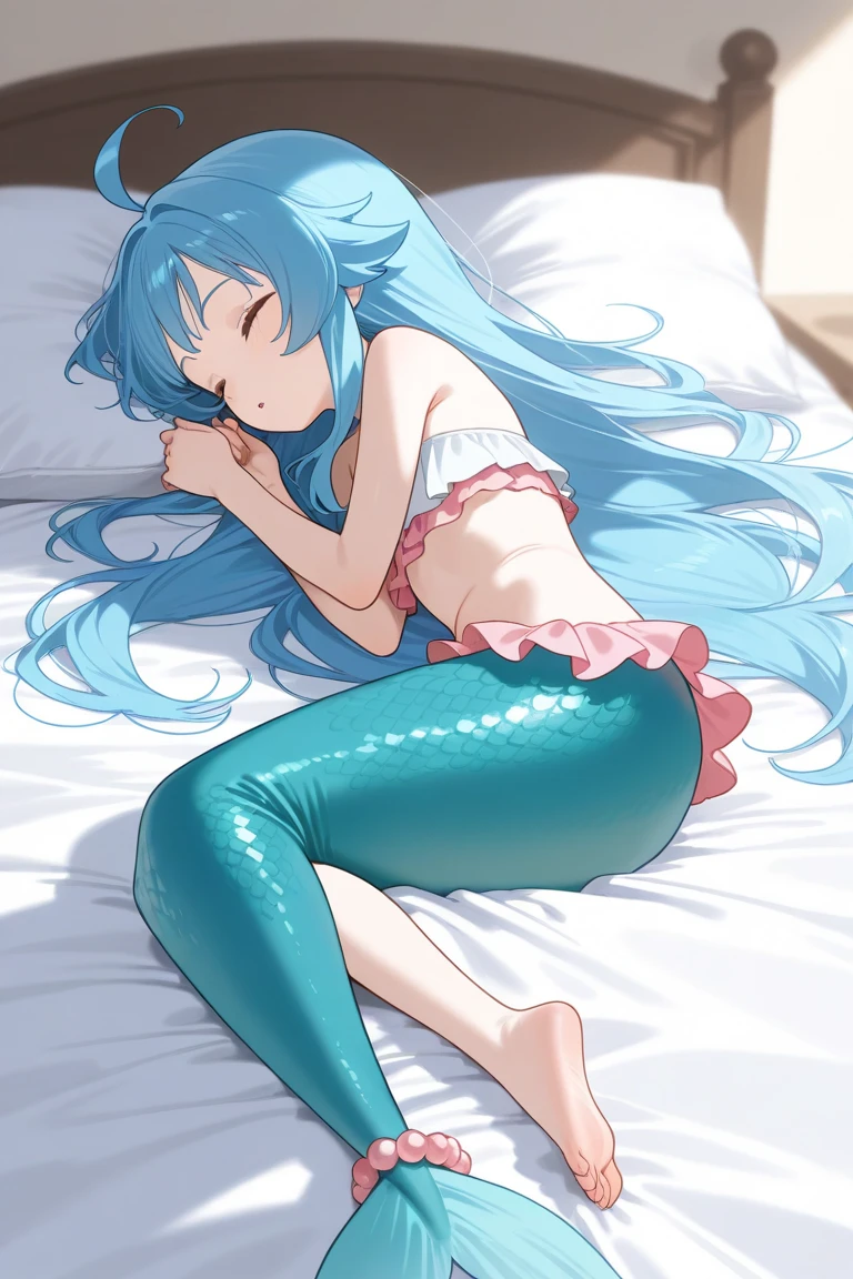 Make me a mermaid , with a blue tail, sleeping on the bed, with her hands and tail tied