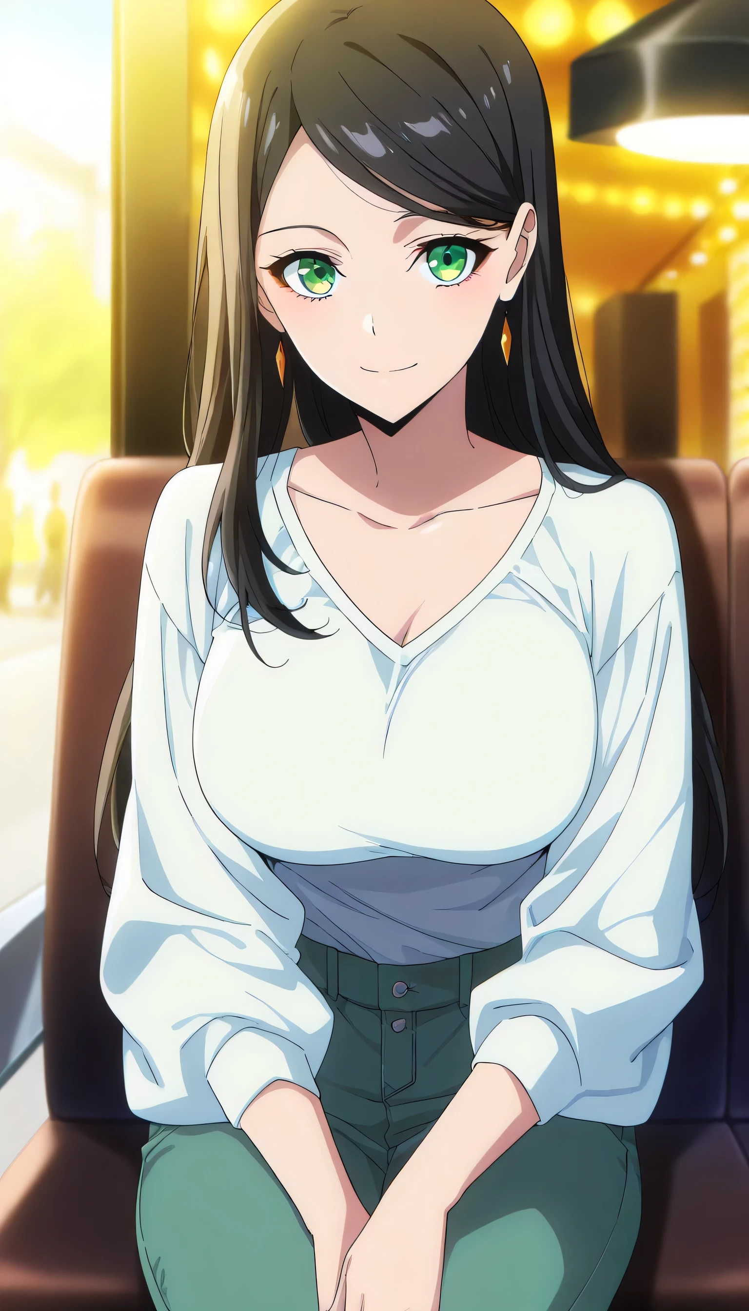 score_9, score_8_up, score_7_up, score_6_up, anime screencap, (masterpiece), (best quality), 1girl, solo, dynamic lighting, (((casual fashion))), (large full breasts), smile, looking at viewer, long hair, swept bangs, parted bangs, black hair, green eyes, dating, sitting