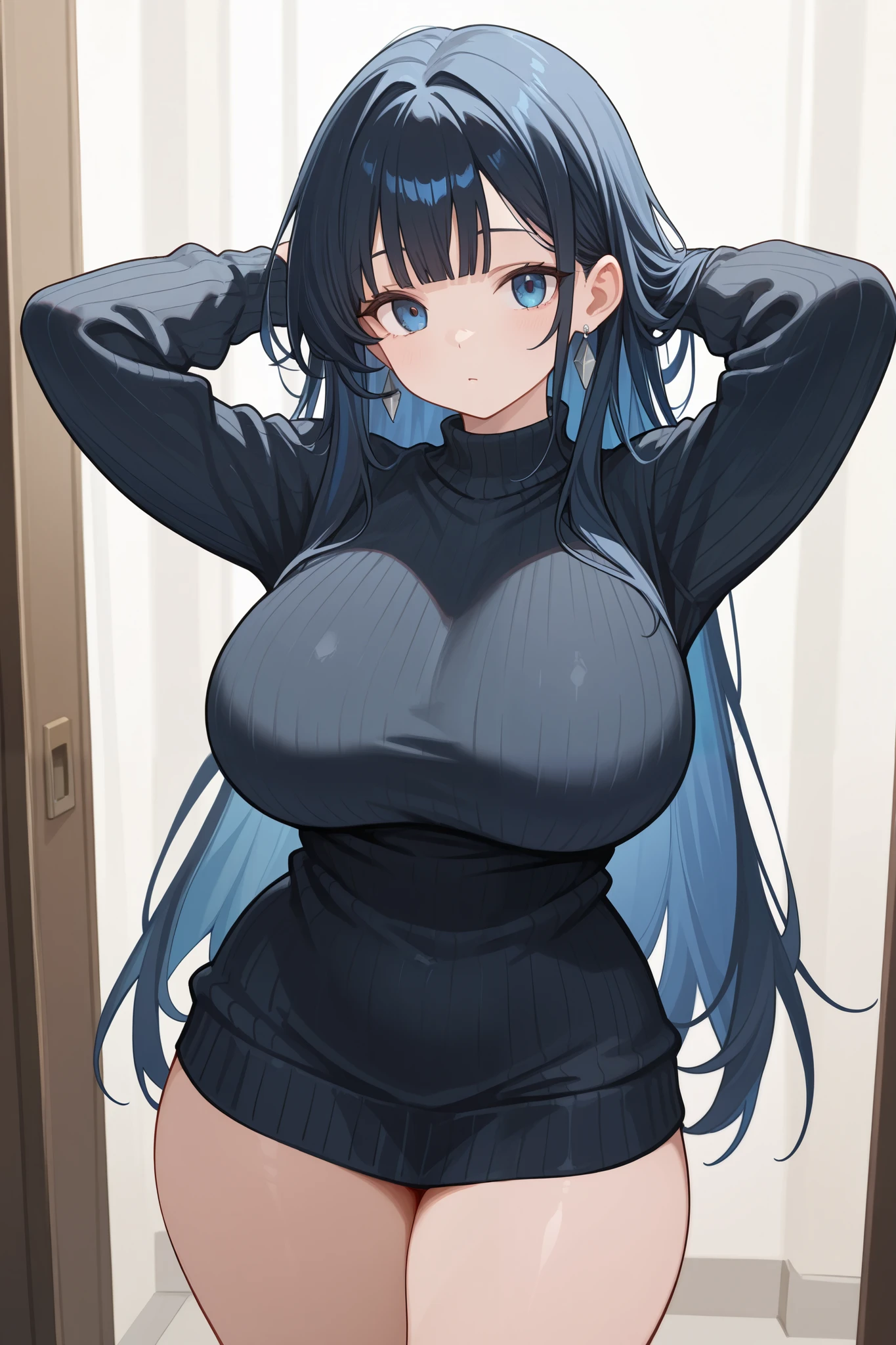 looking up, Upper Body, Realistic, real person, (pale skin: 1.2), RAW photo, photorealistic, portrait photography, shiny skin, shiny hair、(A 25-year-old woman with straight hair and bangs) and (medium hair) and (black hair) and (purple eyes) and (closed eyes), (white) and (Off-the-shoulder blouse) and (long sleeve) 、Cleavage、surprised, The background is the living room、Alone、Are standing, 1girl, anime, black eyes, long black hair with square bangs, very long black hair, super long black hair, skirt and stockings, ((black thigh highs)), ((garter)), adult, hourglass figure, nerdy, bed, books, PC desktop, laptop, (happy), (((ribbed white sweater)))