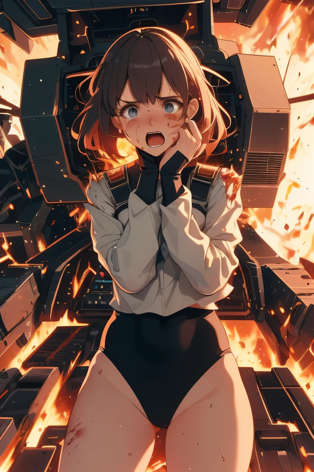 cockpit_explosion, fire, electricity, screaming, explosion, science fiction, wide-eyed, tearing clothes, standing, blood, scared, sweat, crying, mecha, torn clothes, tears, cockpit,1girl、wearing black gymnastics bloomers,high leg,white blouse,cowboy shot
