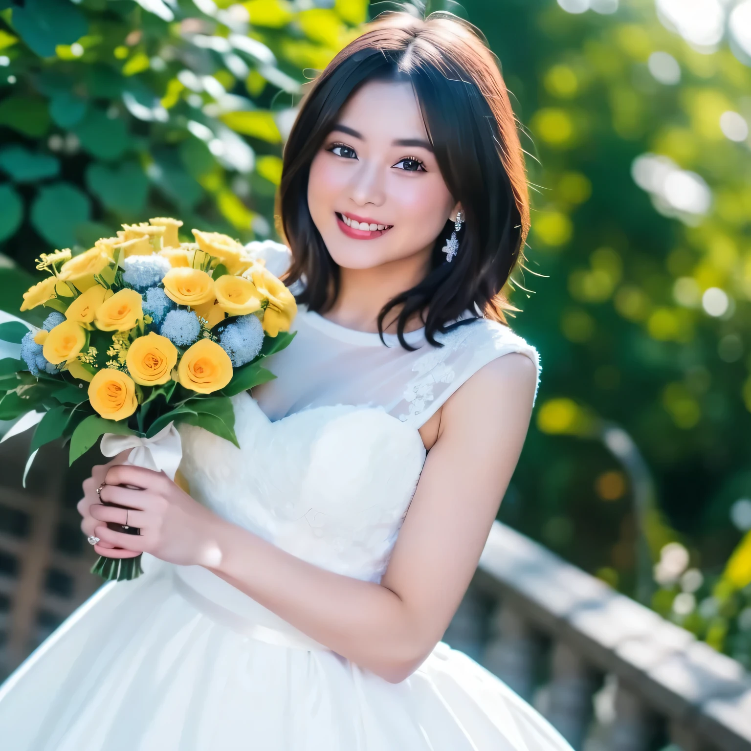A breathtakingly beautiful 20-year-old woman stands in the courtyard of a luxurious mansion beneath a clear blue sky. She wears a white and blue wedding dress, holding a red bouquet gracefully in front of her chest. Her radiant smile and joyful expression exude pure happiness. Dark hair, bob haircut, dark eyes.