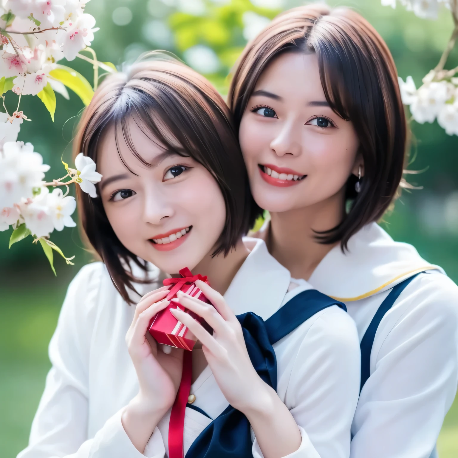 A breathtakingly beautiful 20-year-old woman stands in a lush park filled with cherry blossoms in full bloom beneath a clear blue sky. She wears a classic sailor uniform and gently holds a small, neatly wrapped gift box adorned with a red ribbon. Her radiant smile and joyful expression convey heartfelt happiness. Dark hair, bob haircut, dark eyes.
